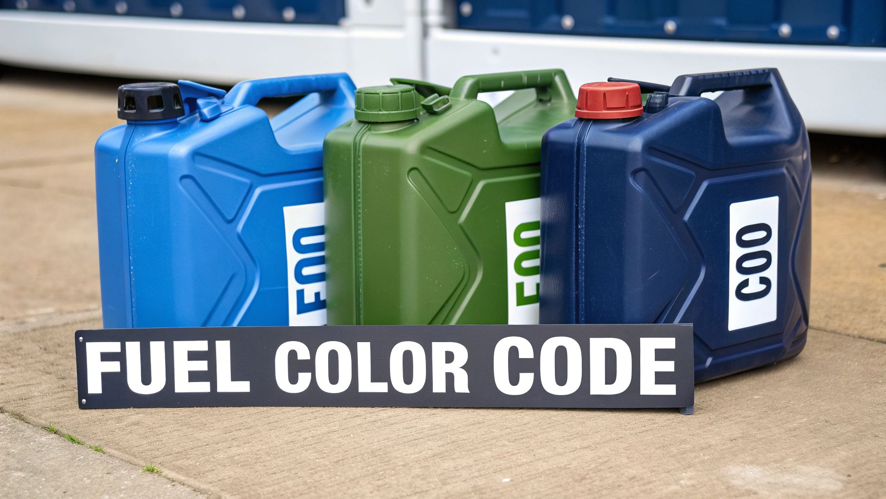 Three blue, green, and navy portable fuel cans with a 'FUEL COLOR CODE' sign.