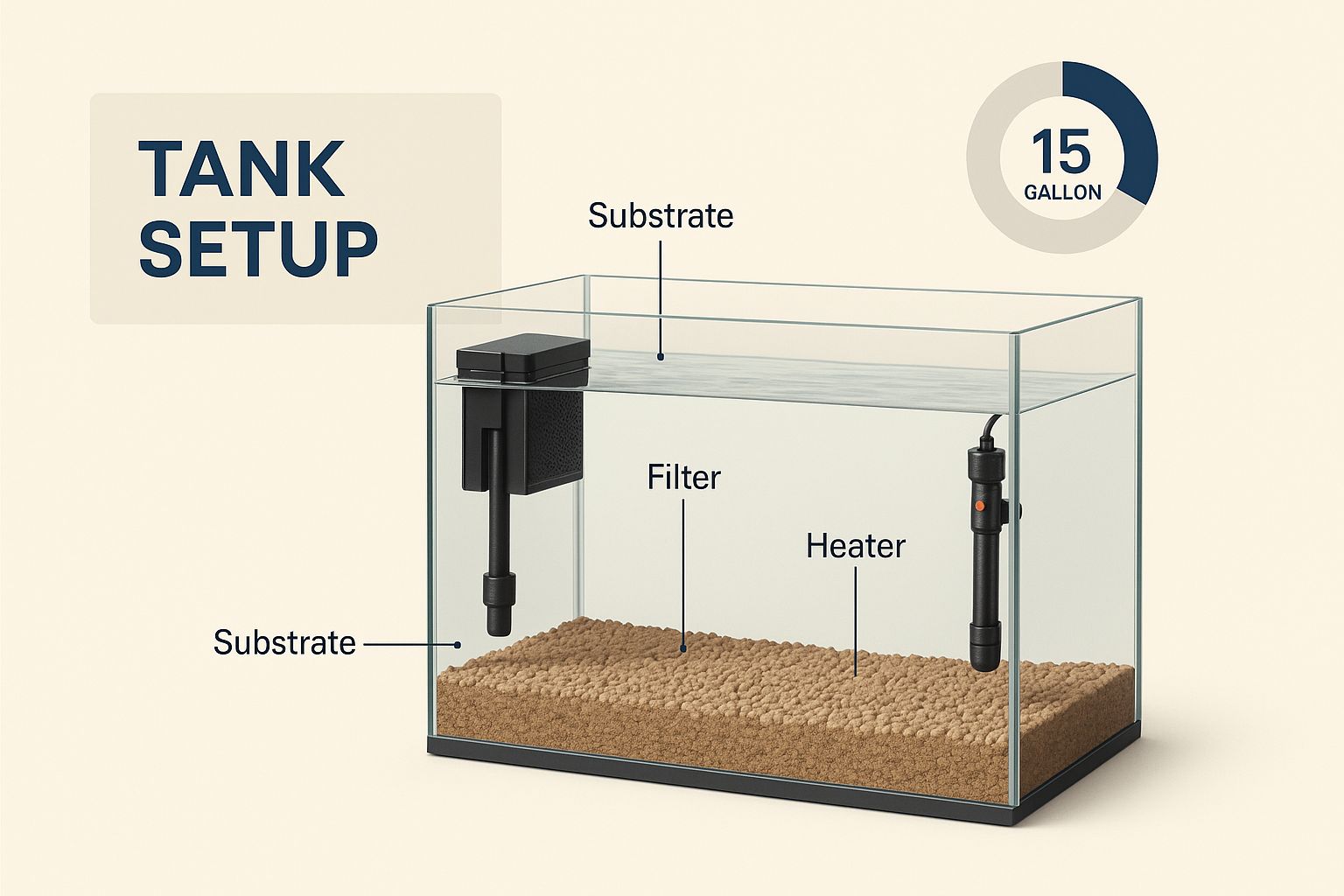 Aquarium equipment including filter, heater, and light next to a 15 gallon tank.
