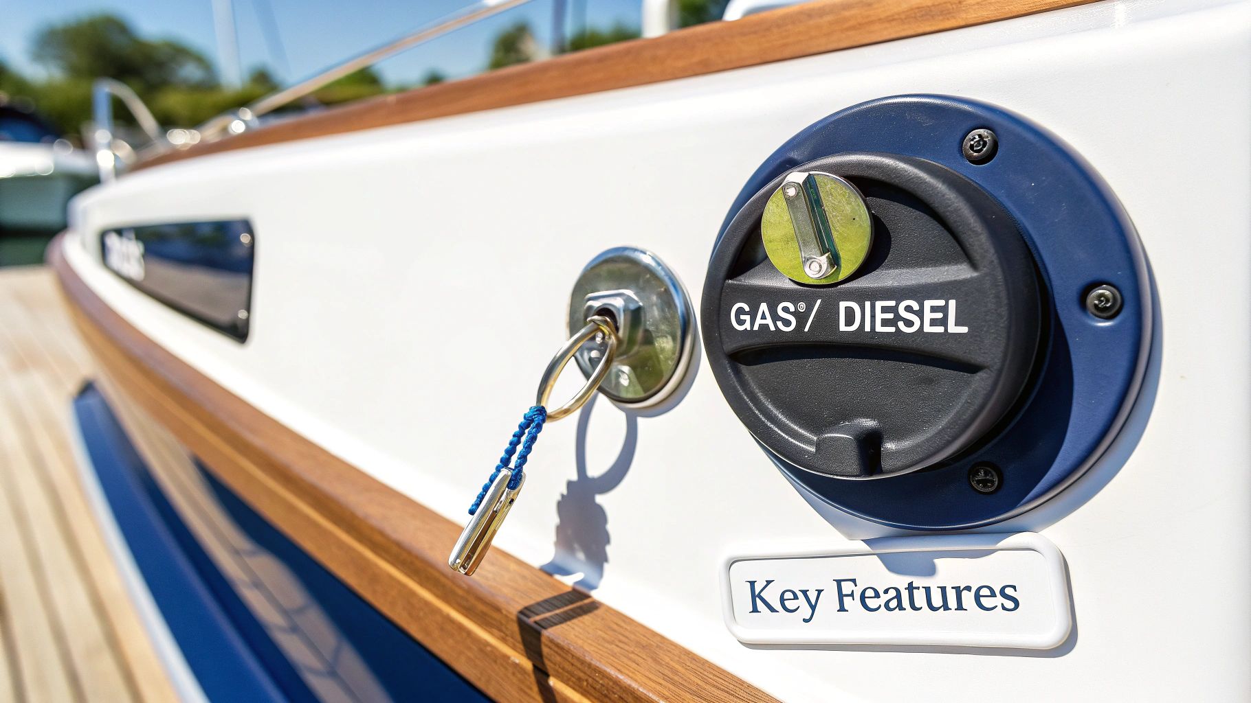 A detailed view of a marine fuel filler's cap and labeling