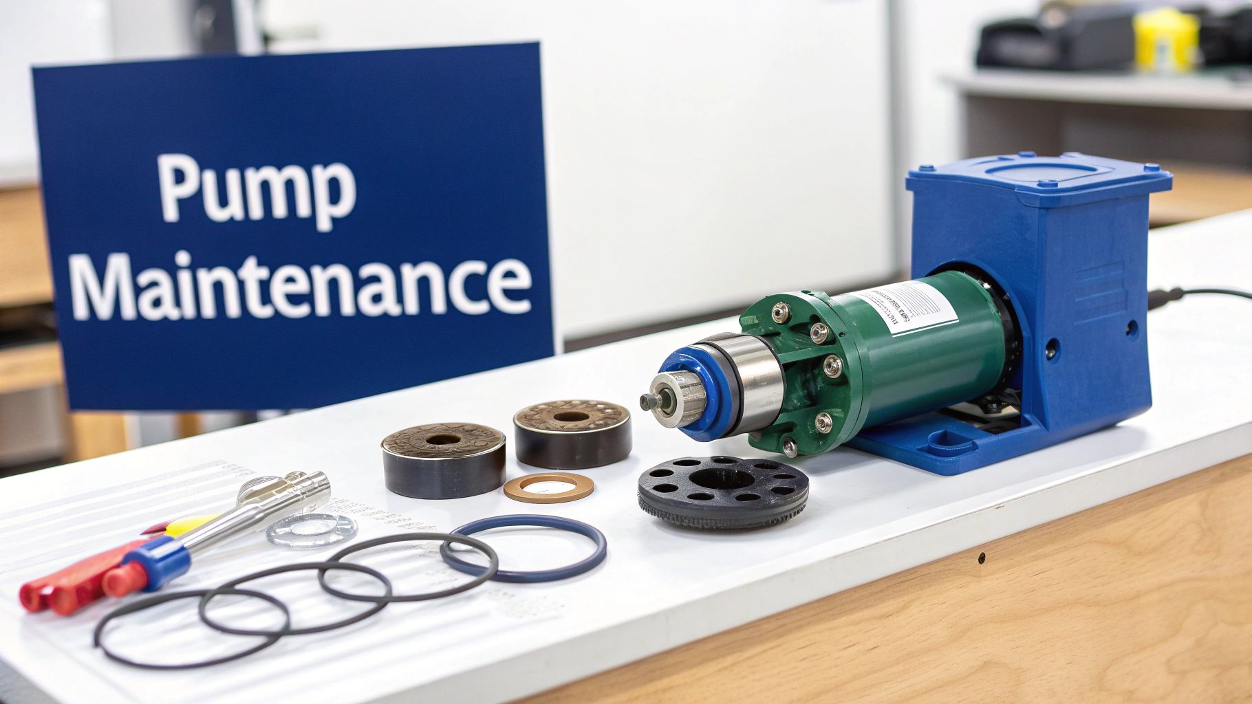 A disassembled green pump, various components, seals, and tools laid out for maintenance on a white table.
