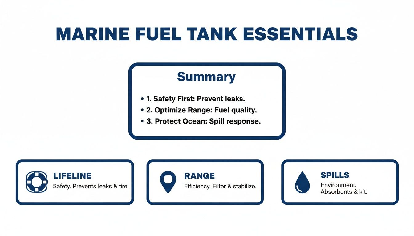 A diagram titled 'Marine Fuel Tank Essentials' outlines safety, range optimization, and spill response tips.
