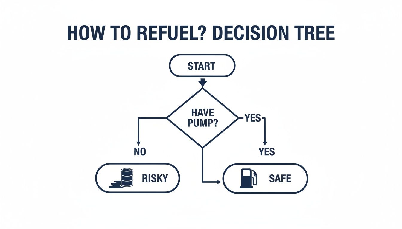 Decision tree flowchart explaining how to refuel. If you have a pump, it's safe; if not, it's risky.