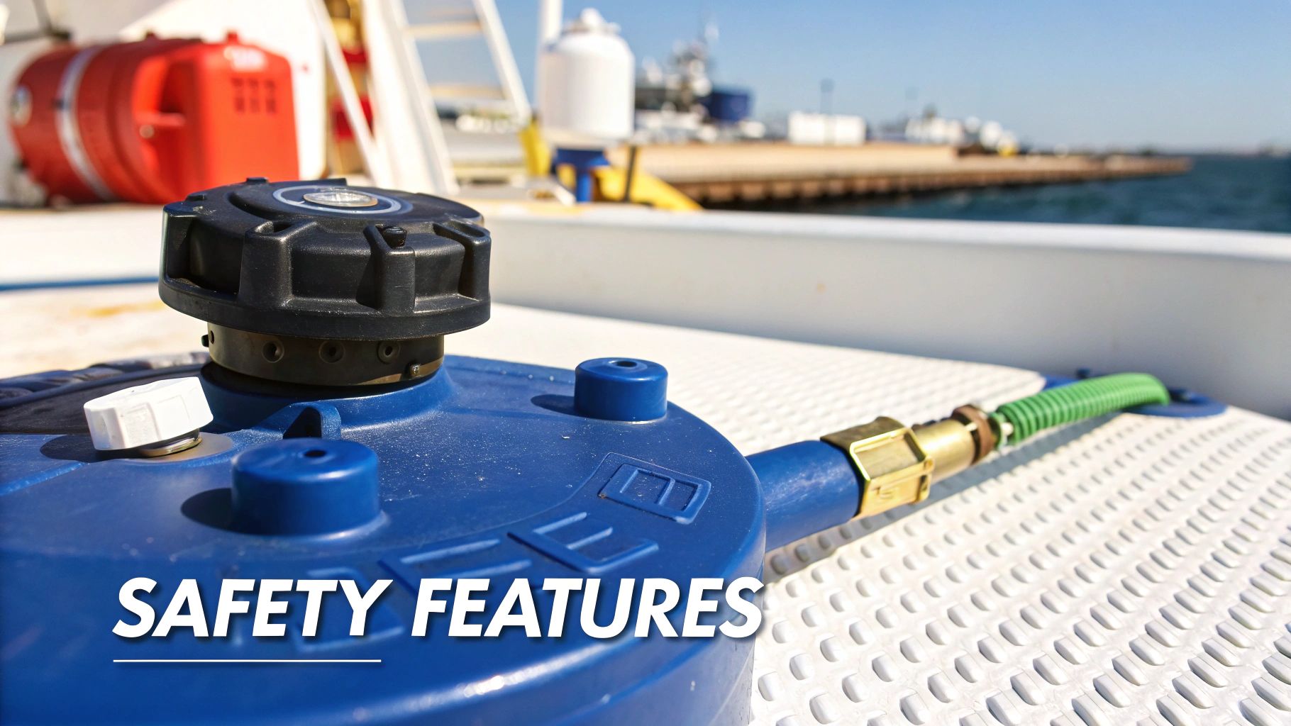 A person safely pouring fuel from a marine fuel can into a boat's tank.
