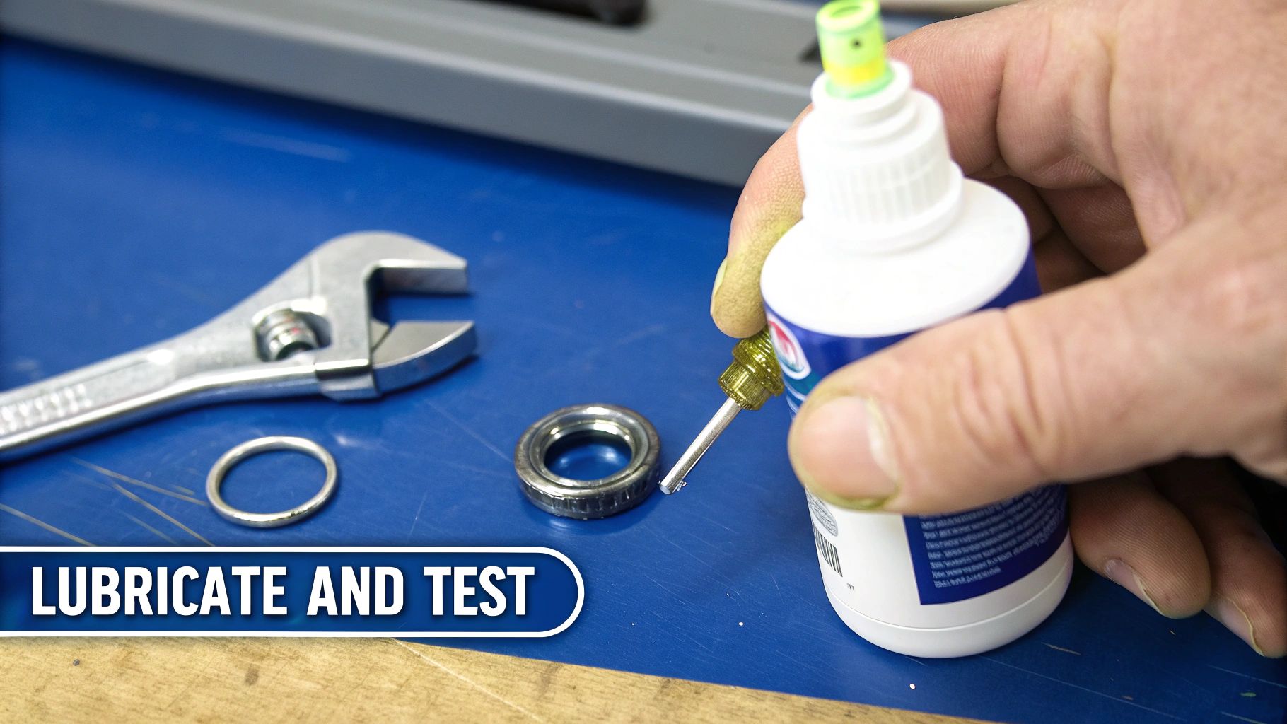 A hand applies lubricant to a metal bearing with a precision applicator, next to a wrench and an O-ring.