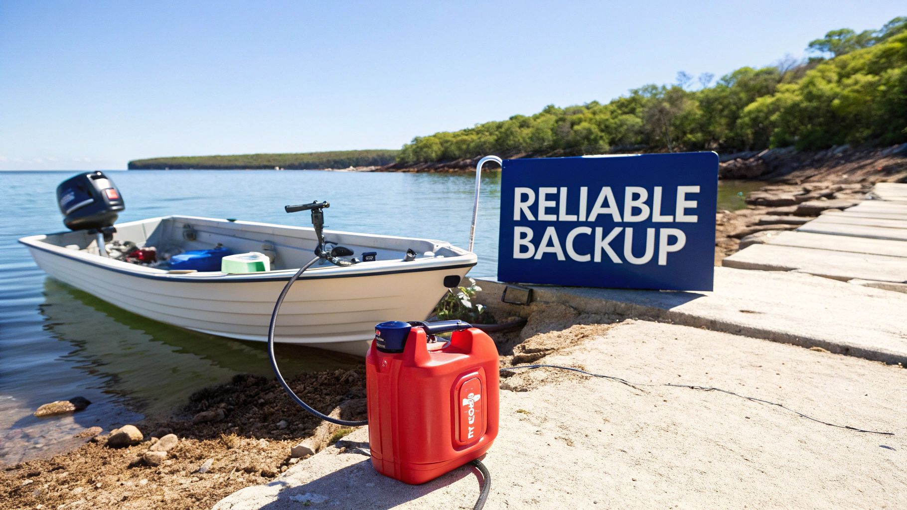 A small boat partially in water with a red portable gas tank and hand pump, next to a 'RELIABLE BACKUP' sign.