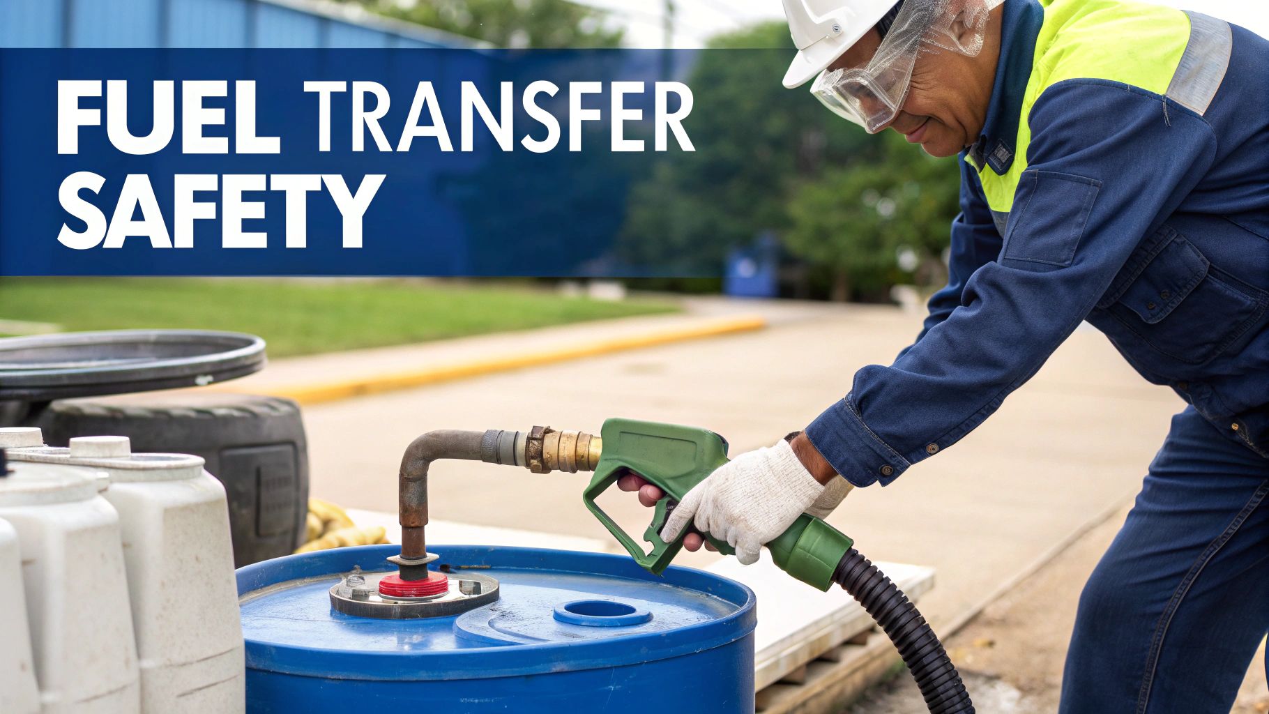 A hand fuel transfer pump being used to move fuel from a red gas can.