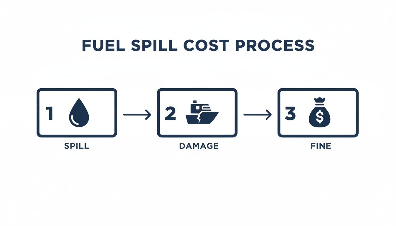 A flowchart illustrates the three-step fuel spill cost process: spill, damage, and fine.