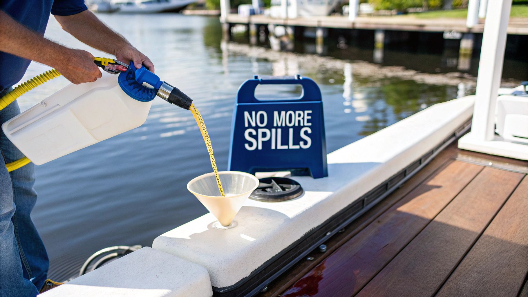 A person uses a fuel container with a hose and funnel to fill a boat, next to a "NO MORE SPILLS" sign.
