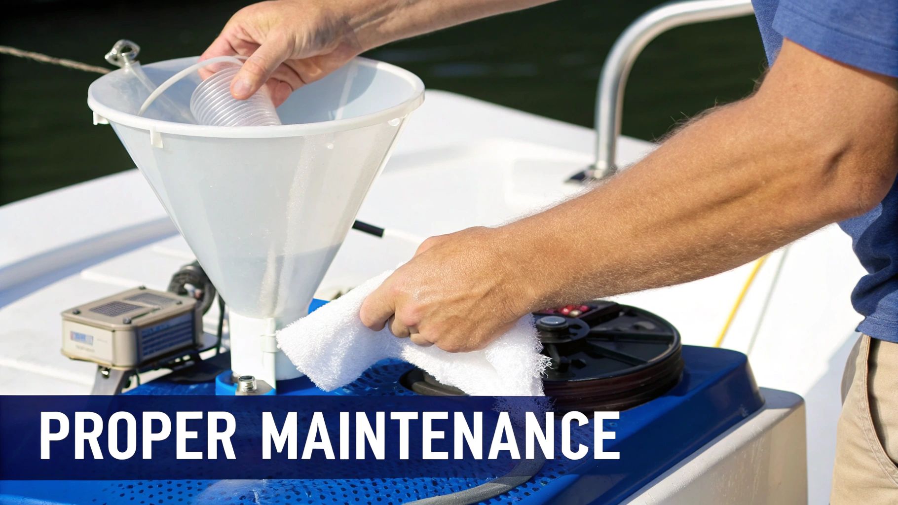 Hands performing proper maintenance on a boat, using a funnel and a cleaning cloth.