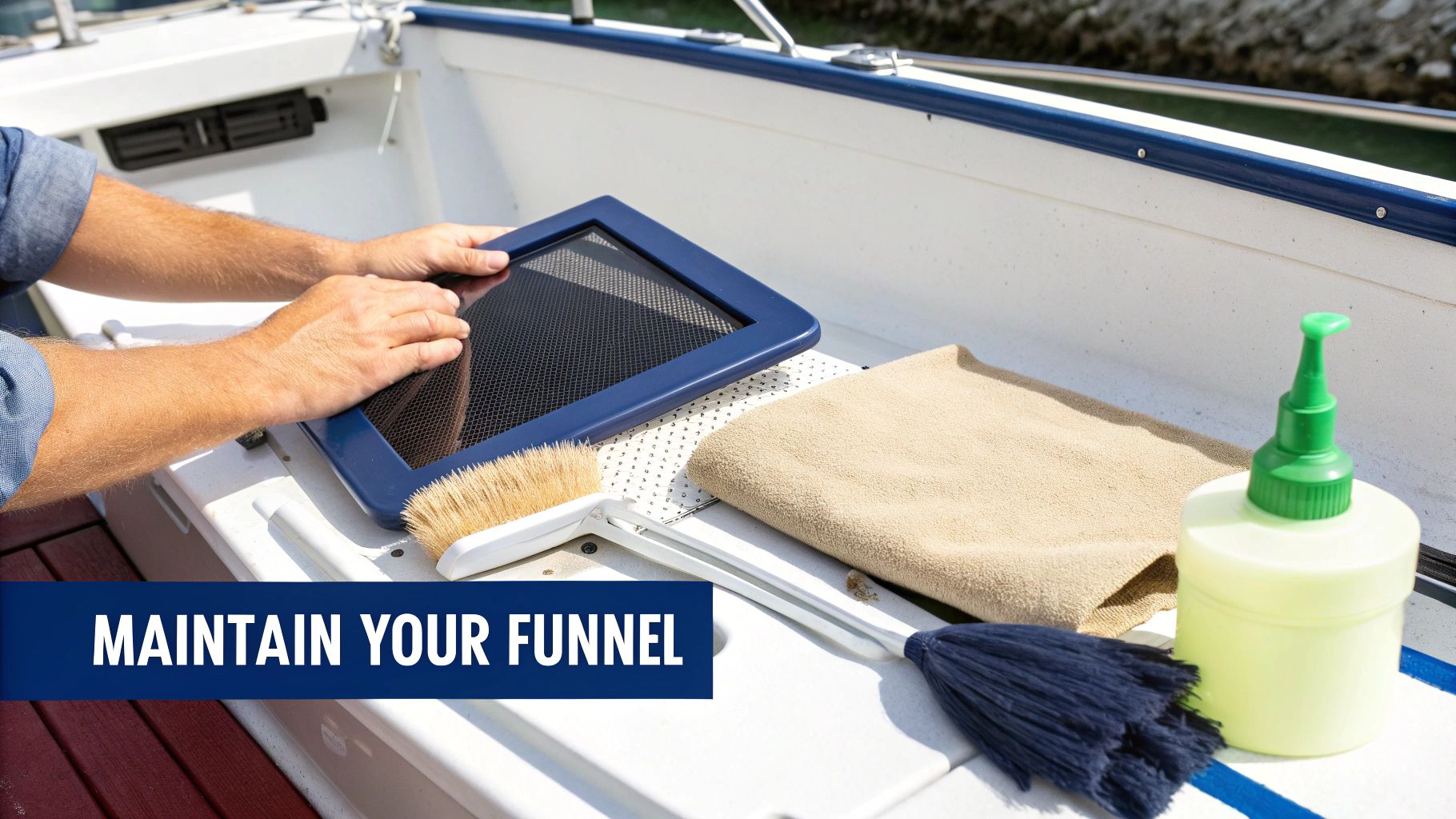 Hands cleaning a blue-framed boat screen with a brush, cloth, and cleaning solution.