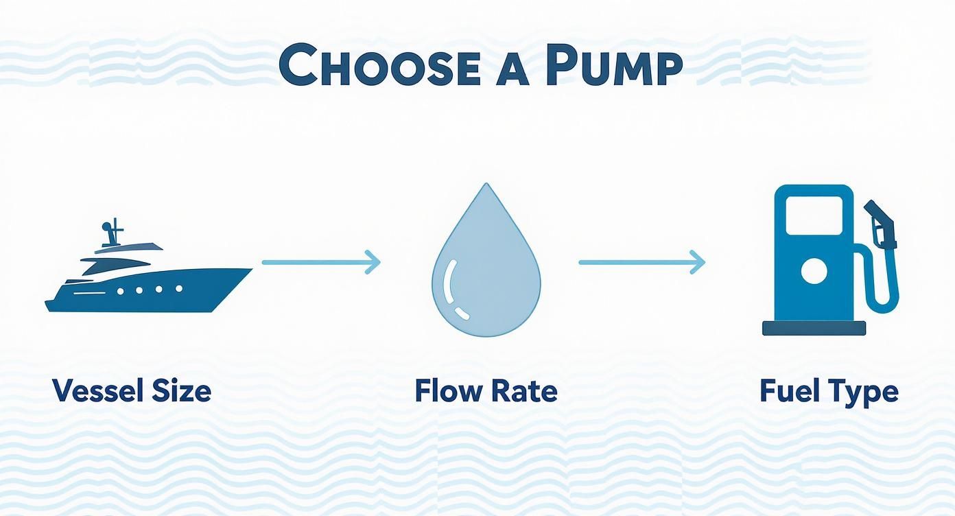 Infographic showing how to choose a pump based on vessel size, flow rate, and fuel type.