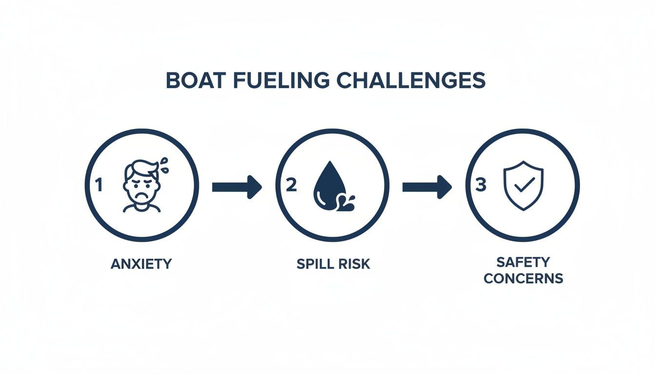 Infographic illustrating three boat fueling challenges: anxiety, spill risk, and safety concerns with icons.