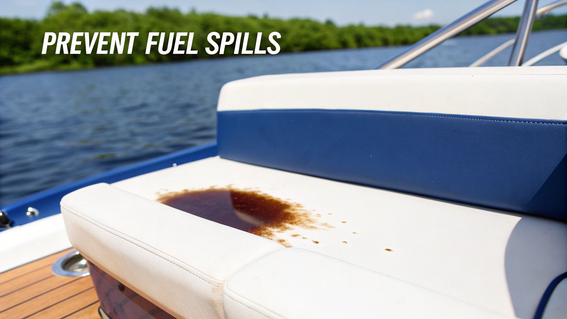 A close-up of a fuel spill staining white boat upholstery, with water and trees in the background, emphasizing prevention.