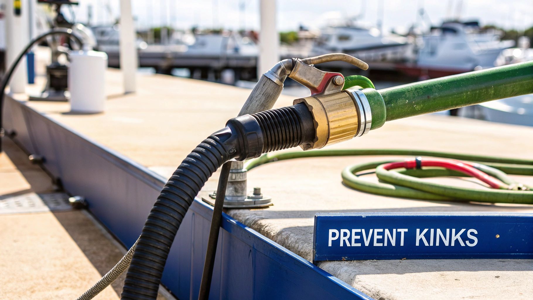 A close-up of a fuel hose nozzle connected to a green hose on a dock, with a 'PREVENT KINKS' sign.