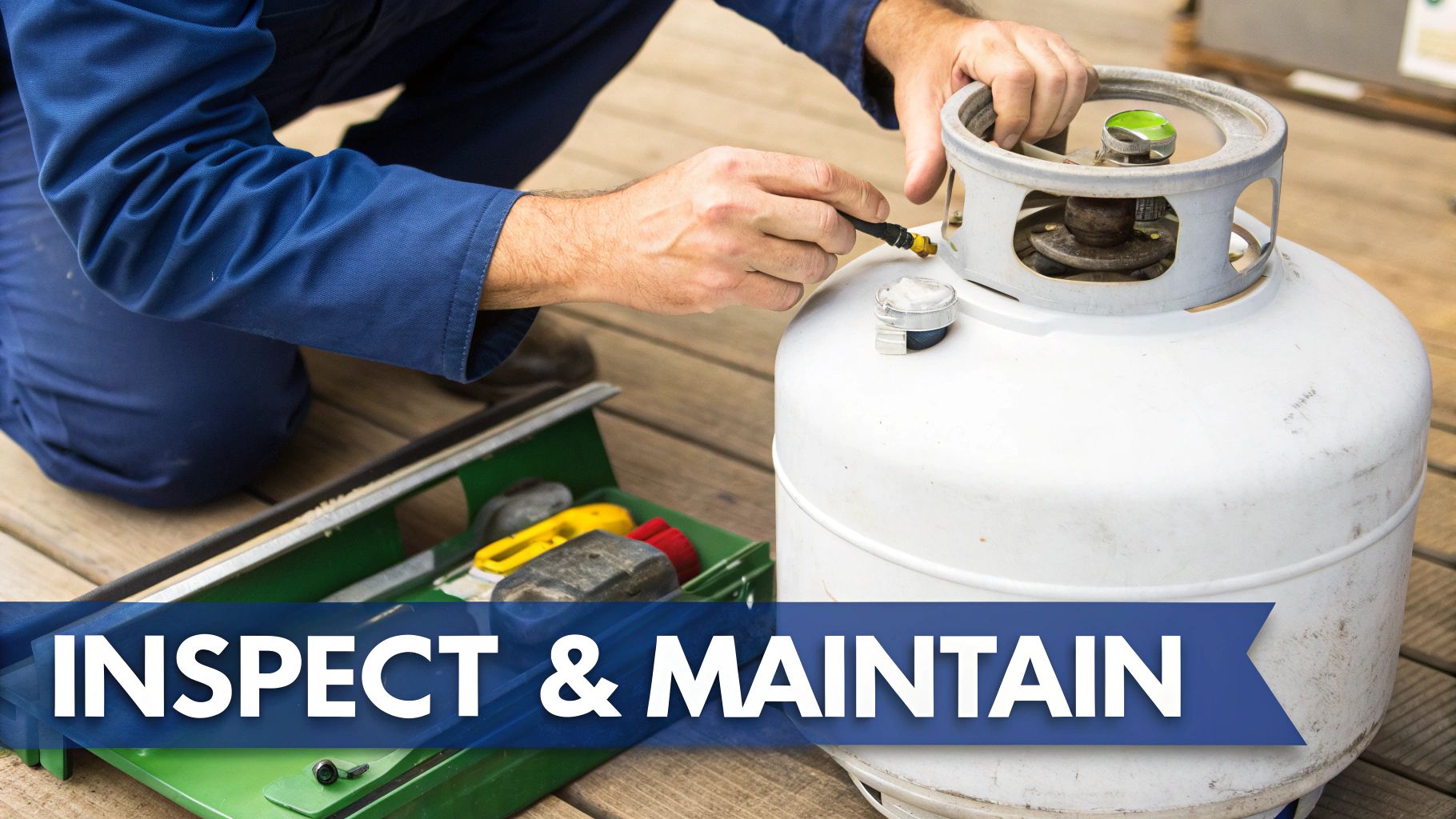 A technician in a blue uniform inspecting a white propane gas tank on a wooden deck.