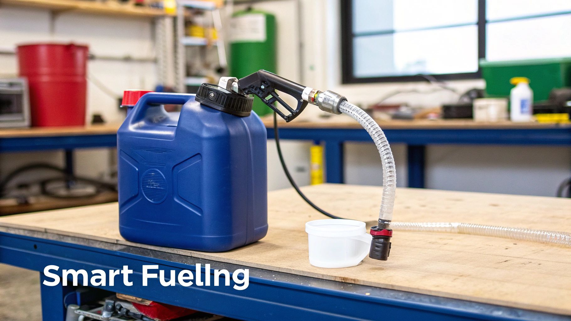 A person using a gas can electric pump to refuel a lawnmower, showing the ease of use.