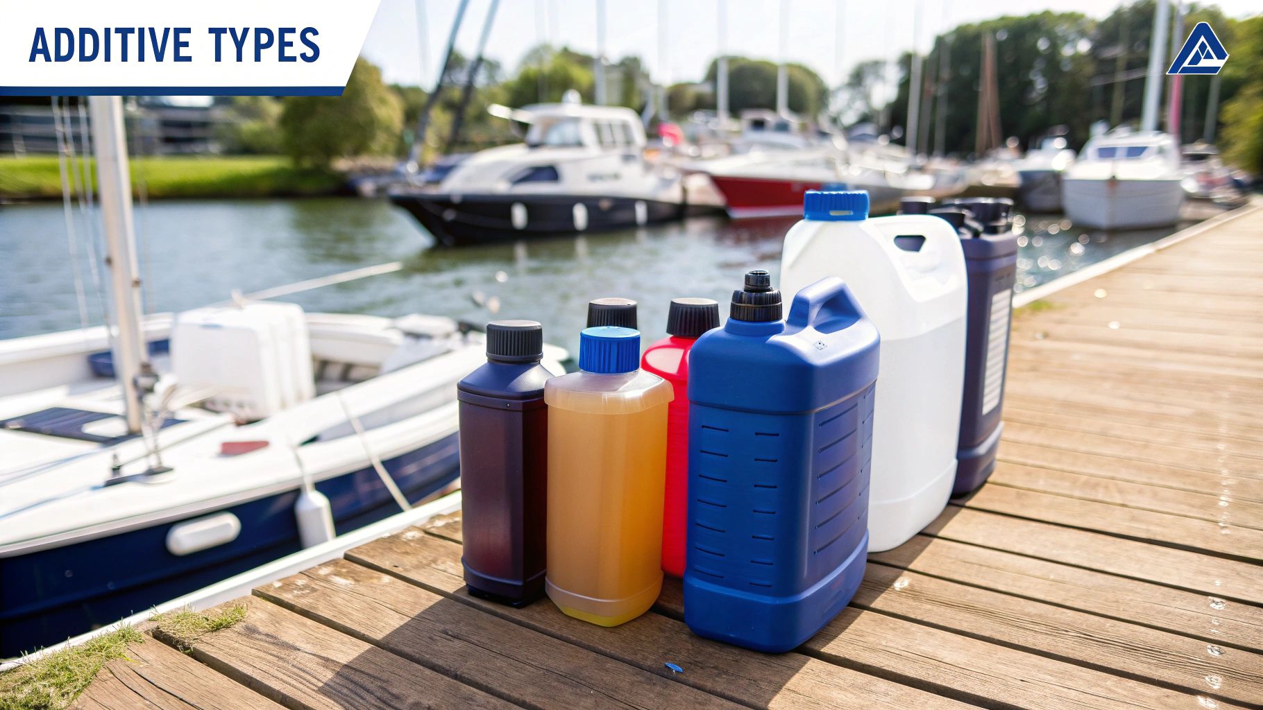 A hand pouring a bottle of boat fuel additive into a gas can.