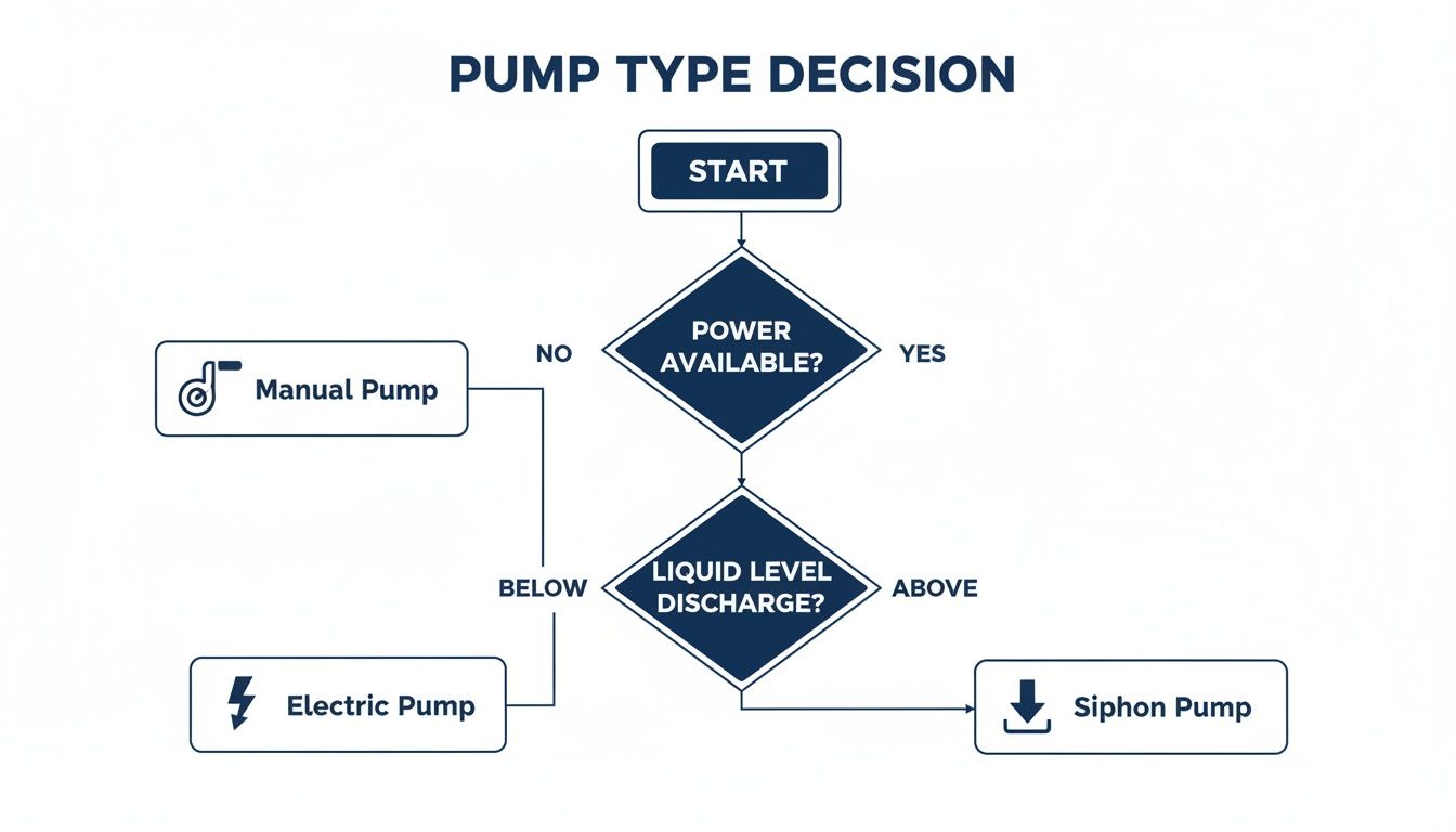 A decision flowchart for selecting the correct pump type, considering power availability and liquid levels.