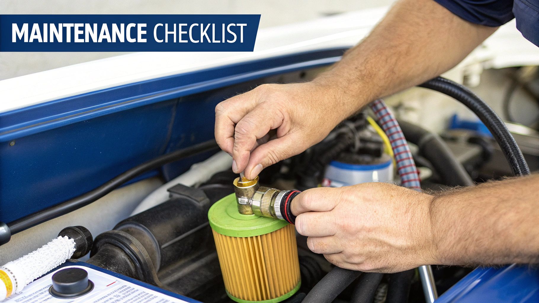 A person inspecting fuel transfer system equipment