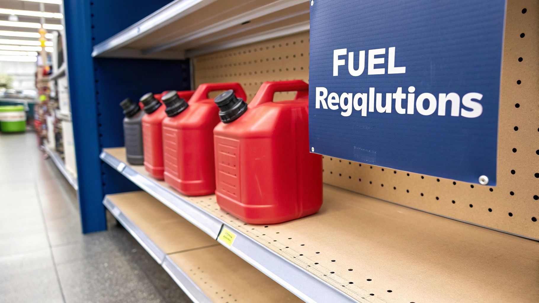 Red and black fuel cans displayed on a mostly empty store shelf under a blue sign.