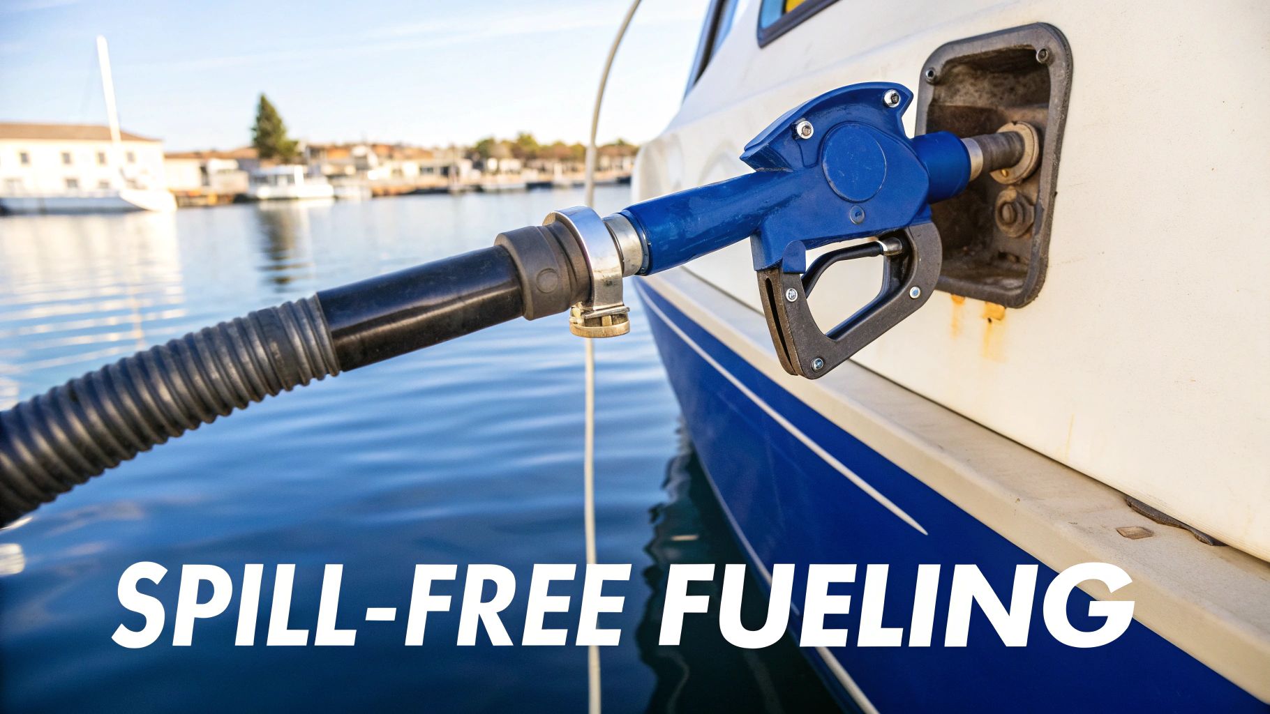 A blue fuel nozzle fills a white boat's fuel tank at a marina, promoting spill-free fueling.