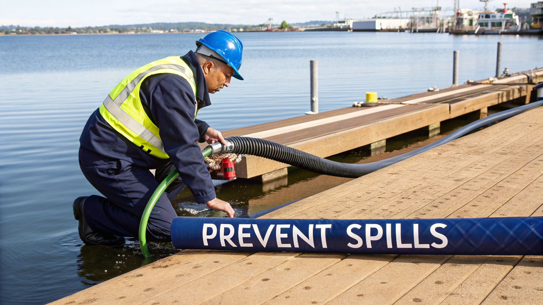 A man in a hard hat and safety vest works with hoses on a dock next to a 'PREVENT SPILLS' barrier.
