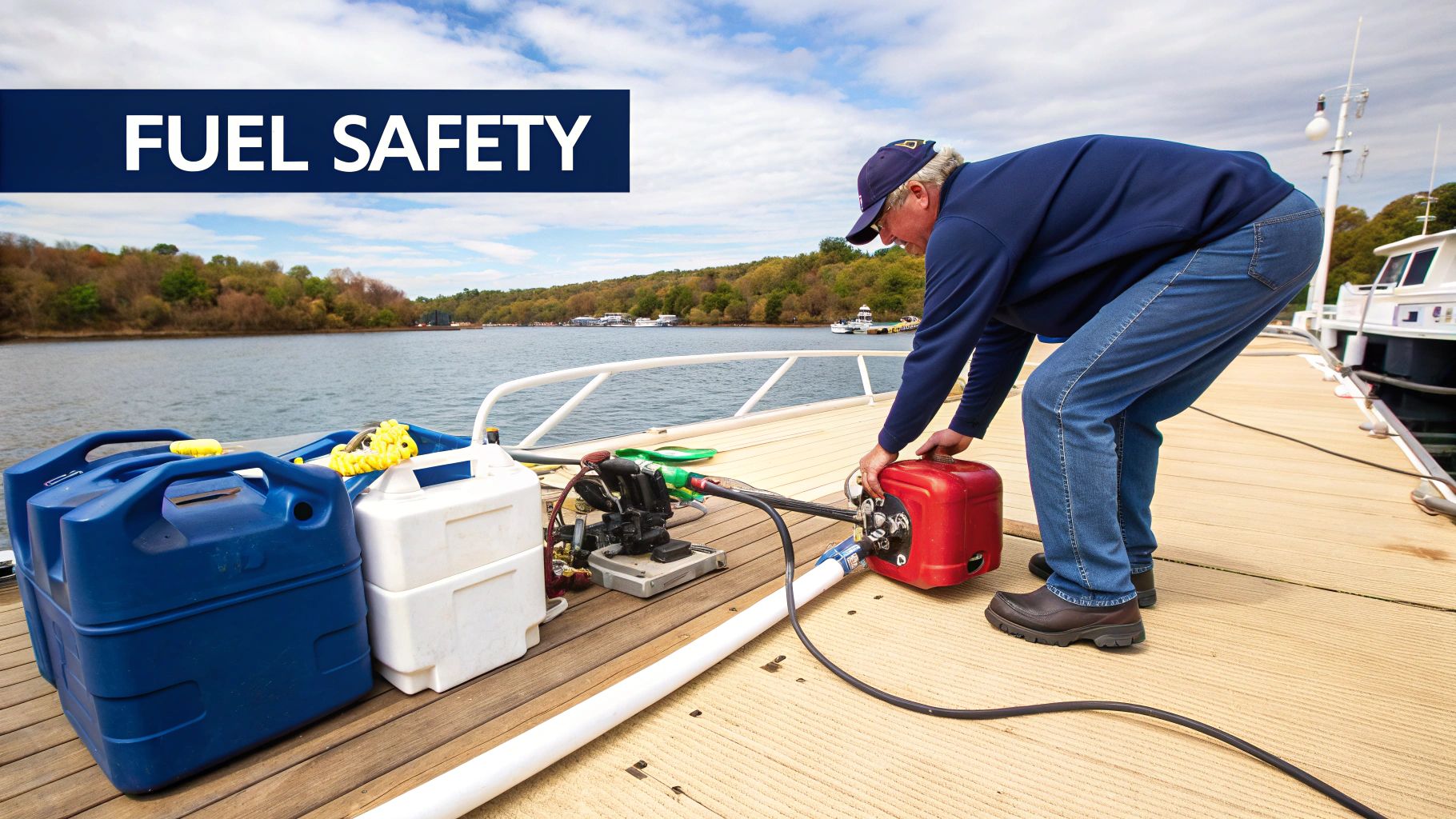 A man demonstrates fuel safety by carefully transferring gasoline from a portable tank on a boat dock.