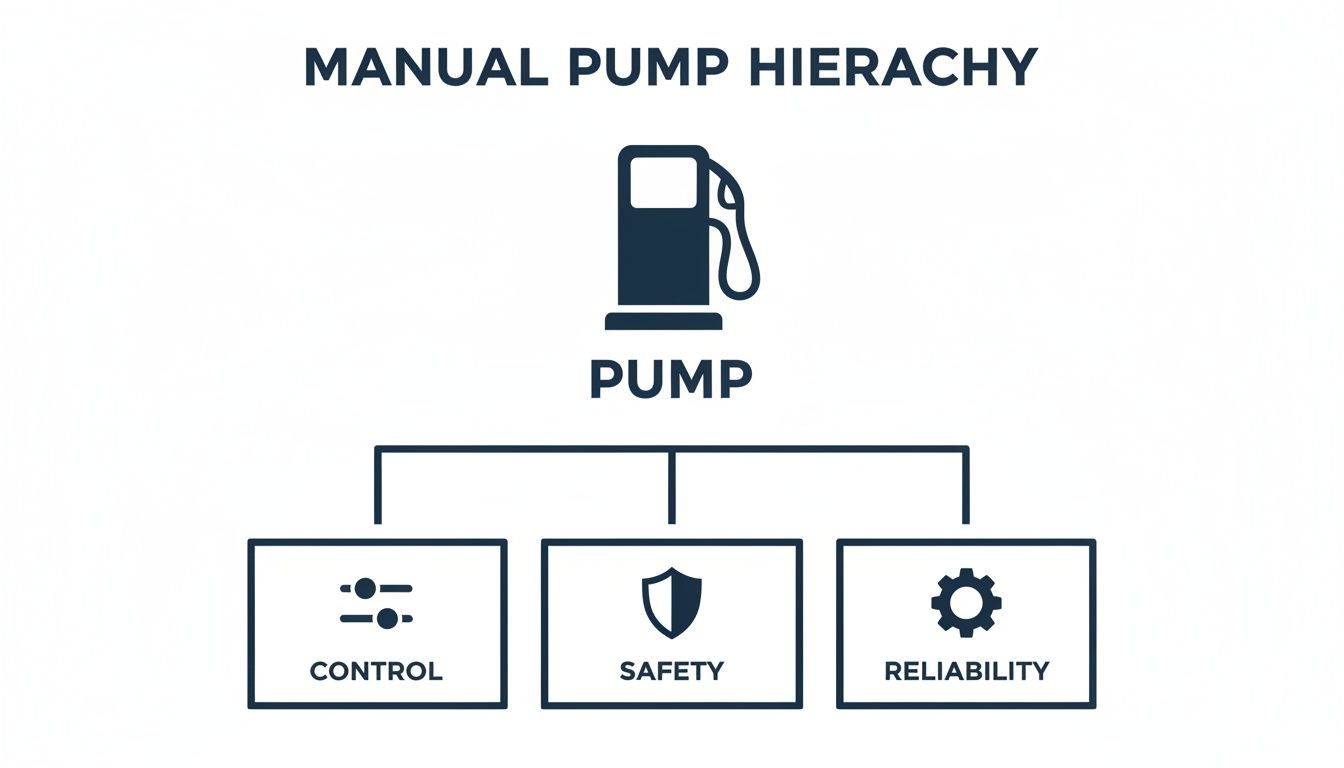 A hierarchy diagram illustrating the main components of a manual pump: Control, Safety, and Reliability.