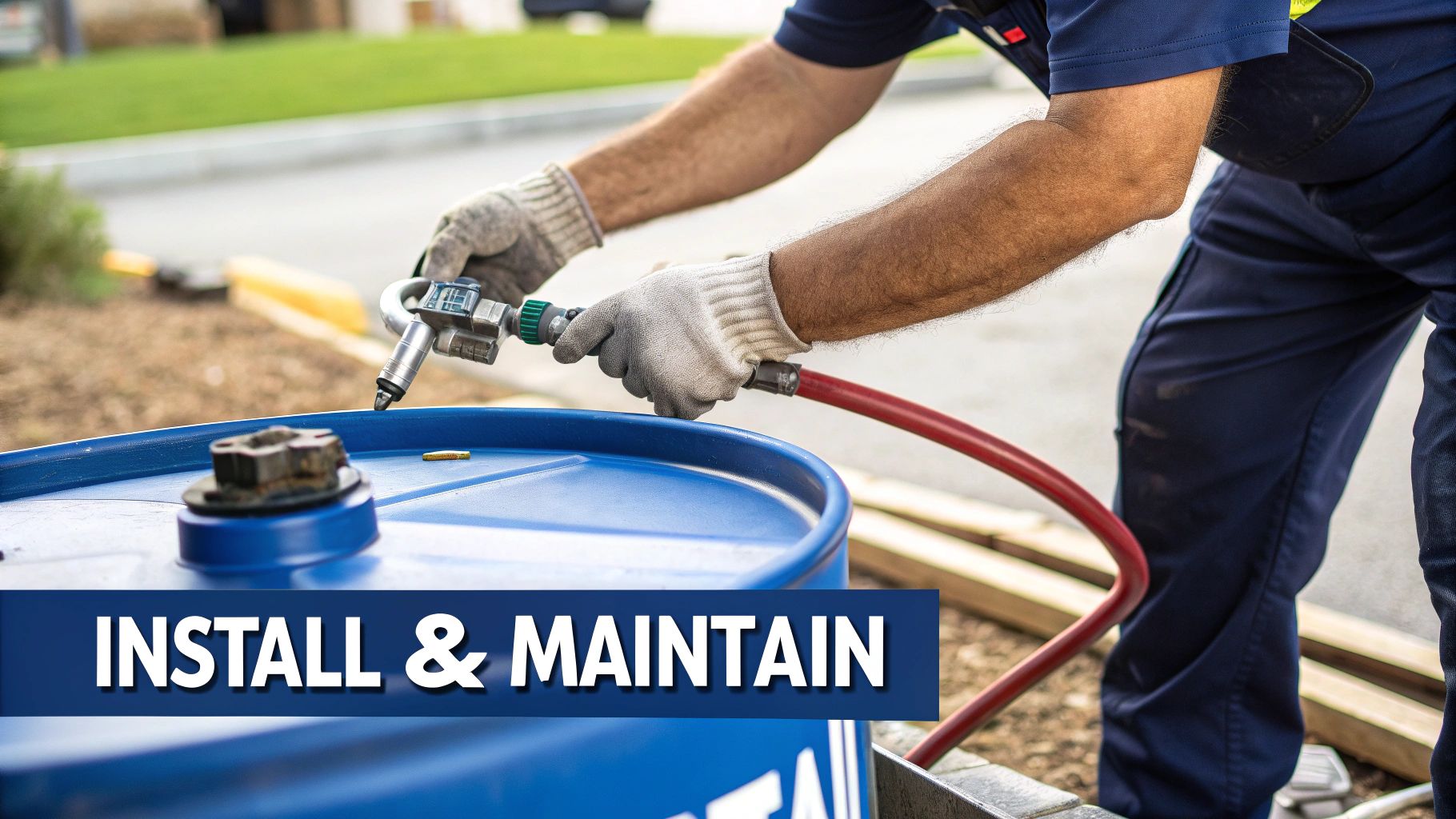 Professional technician using hand pump to transfer diesel fuel from blue storage drum
