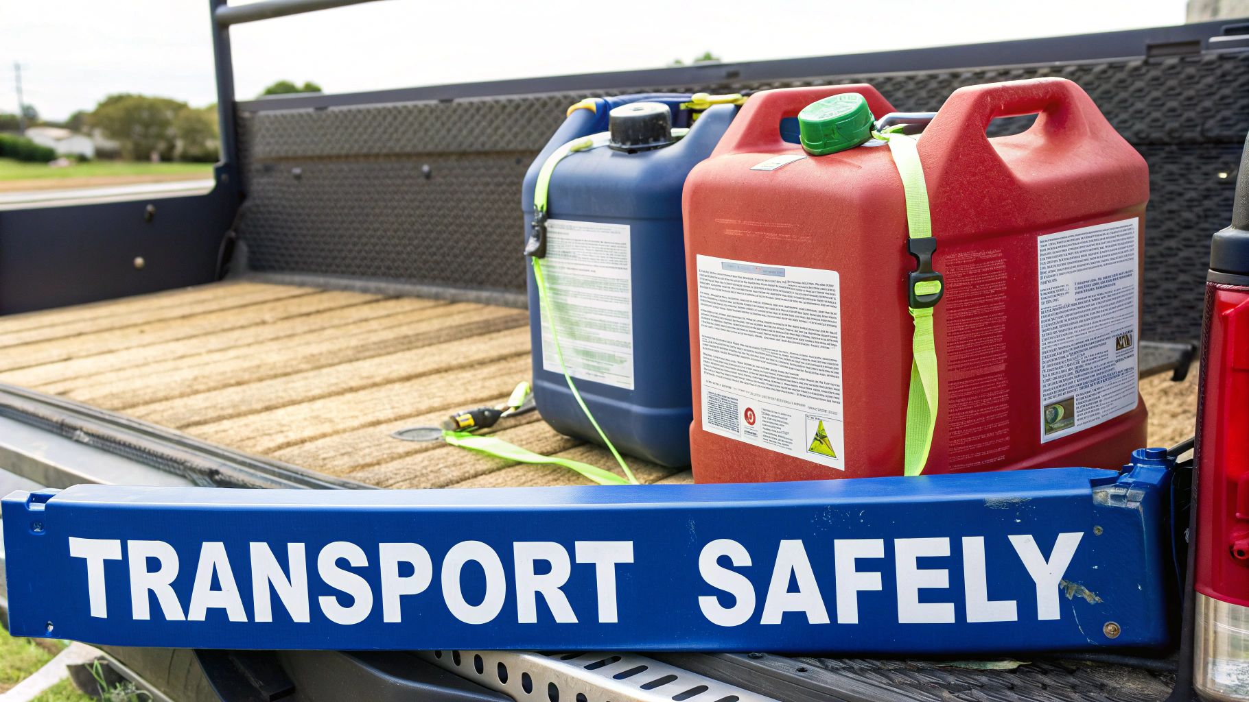 Two red gas cans securely strapped down in the back of a vehicle.