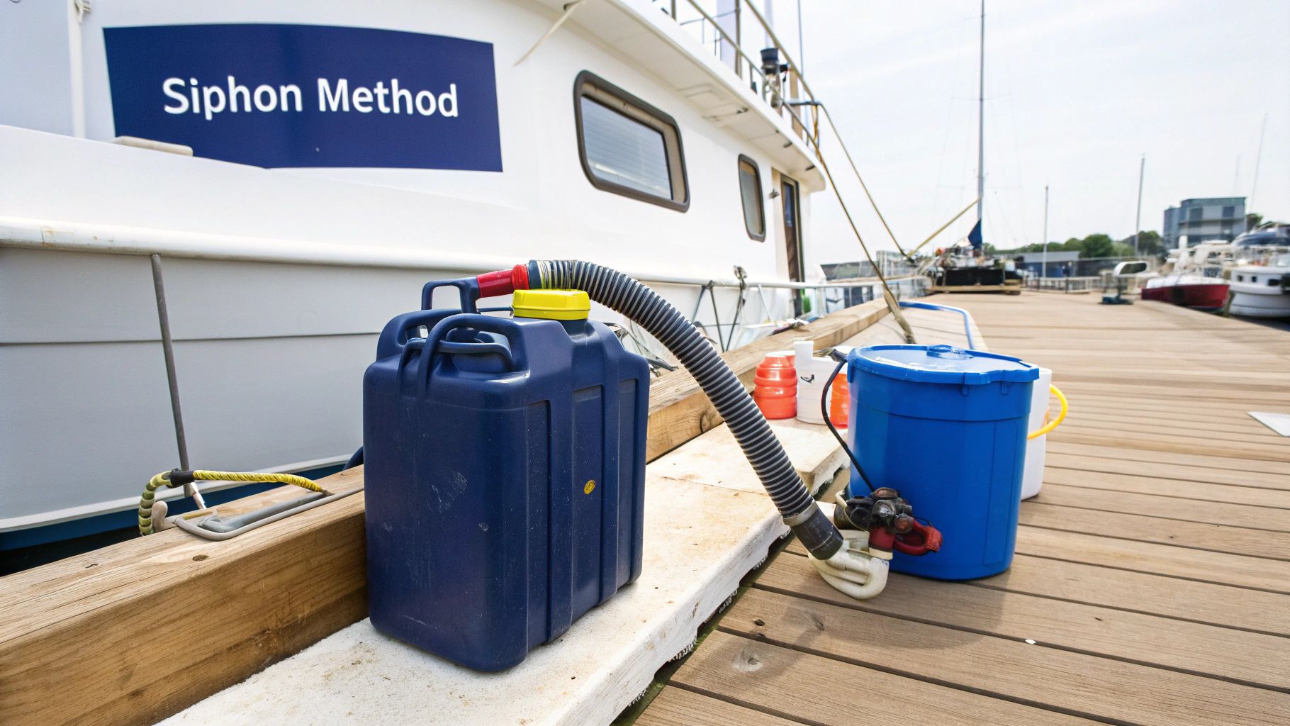A close-up shot of a clear siphon hose being inserted into a boat's fuel filler cap.