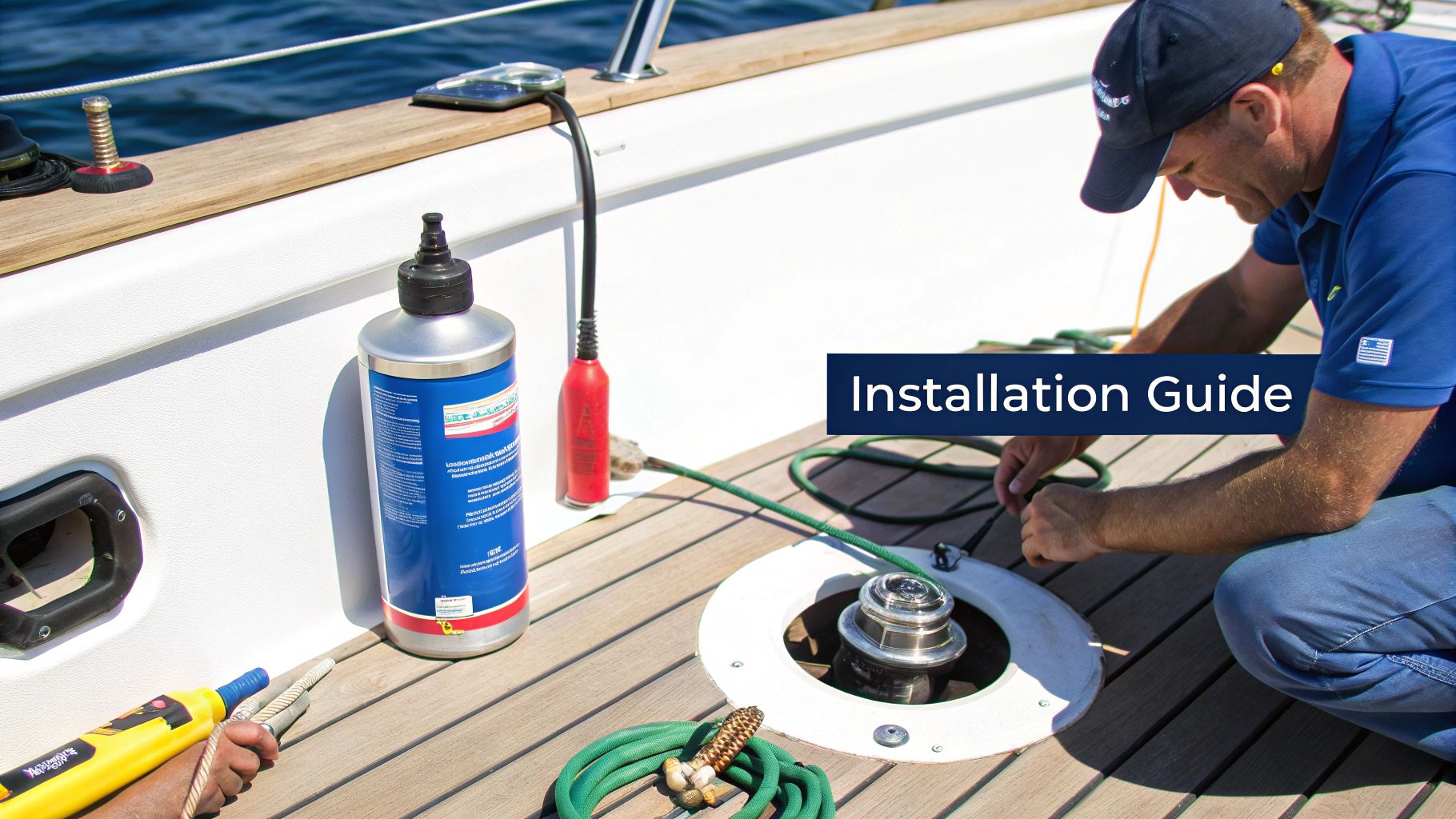 A boater carefully installing a new marine fuel filler on the deck of their boat.