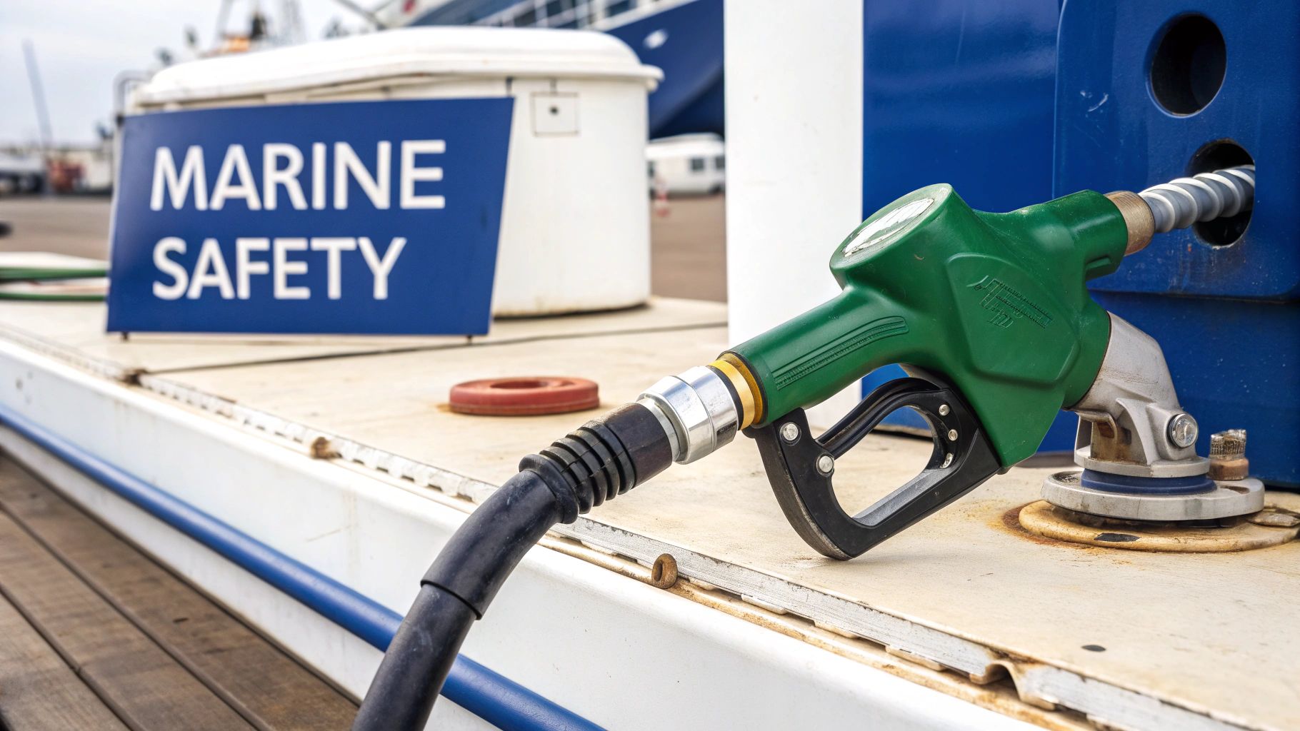 Green fuel pump nozzle in a marine fuel dispenser with a 'MARINE SAFETY' sign.