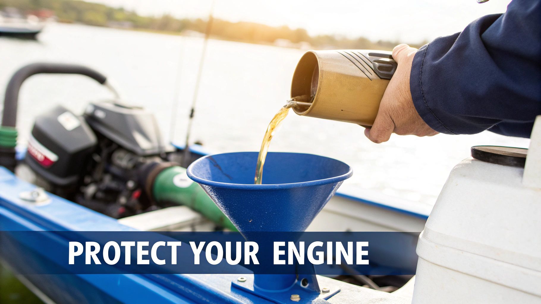 A person pours oil from a golden container into a boat engine through a blue funnel.