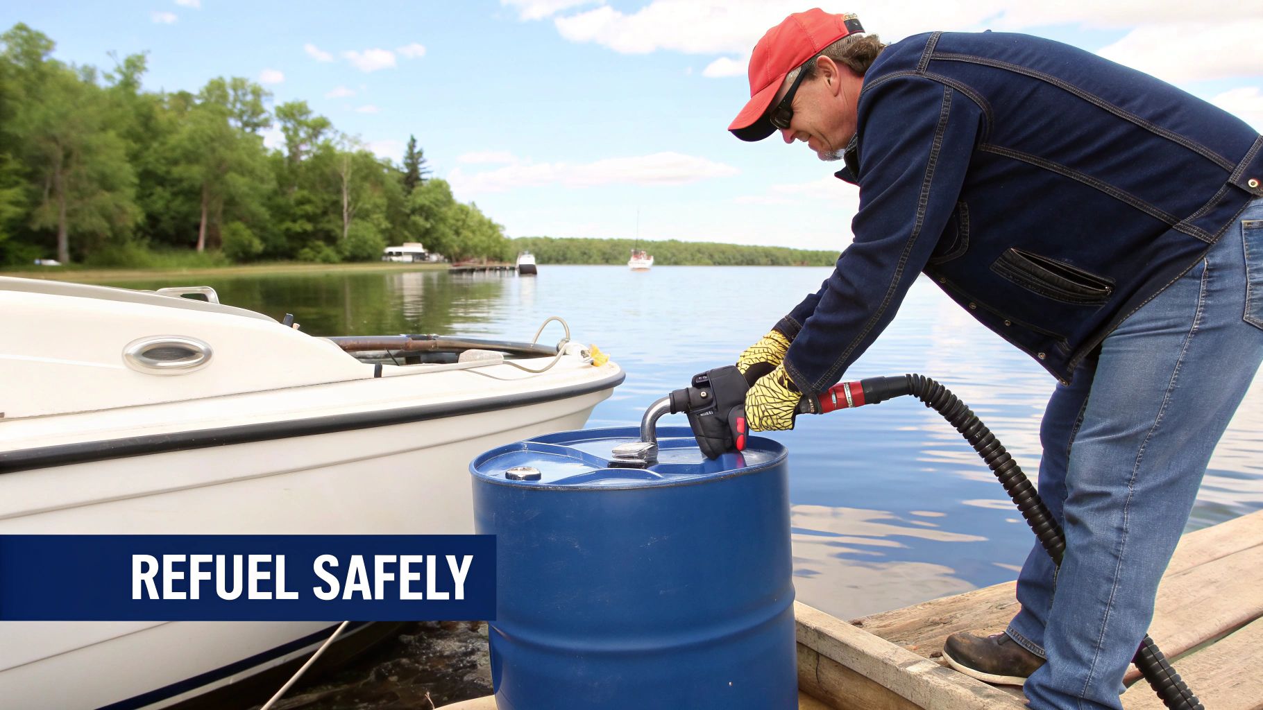 A man refuels a blue barrel on a wooden dock next to a white boat on a lake.
