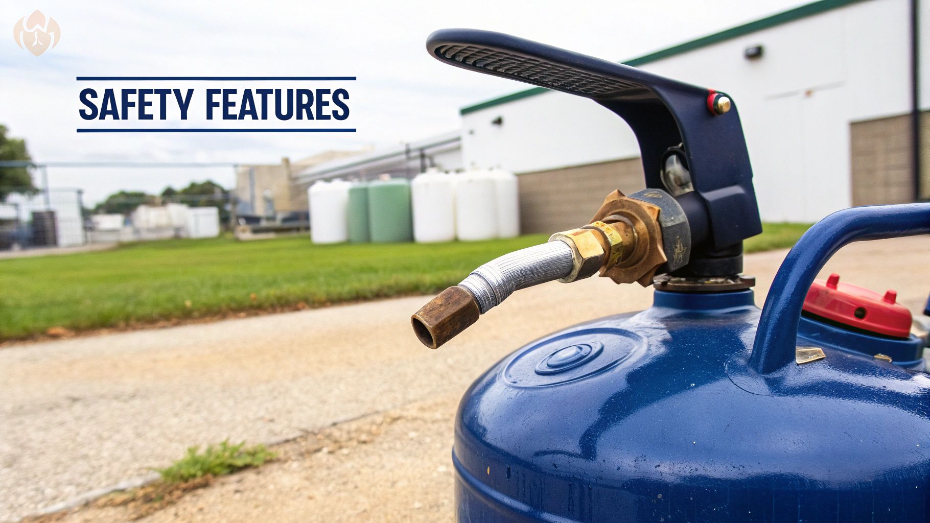 A close-up of a modern gas can spout showing its safety features