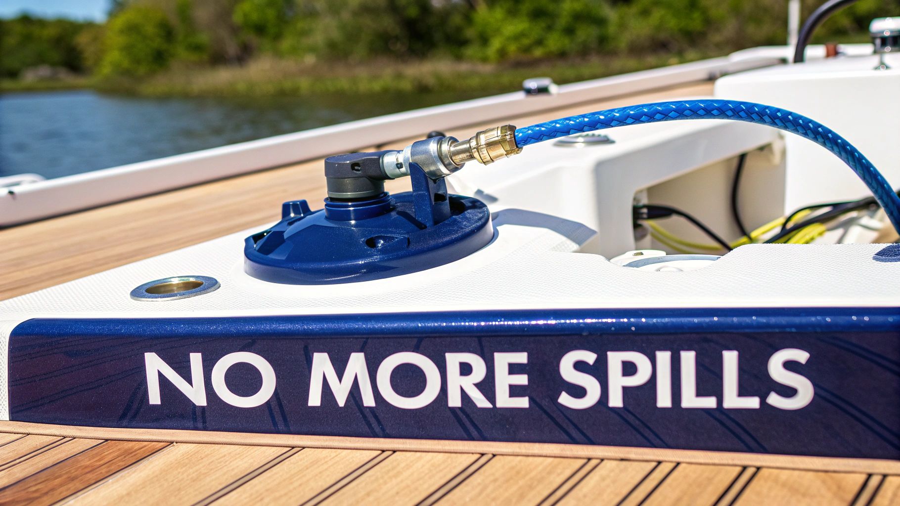 Marine refueling system on a boat deck featuring a blue hose and "NO MORE SPILLS" branding.
