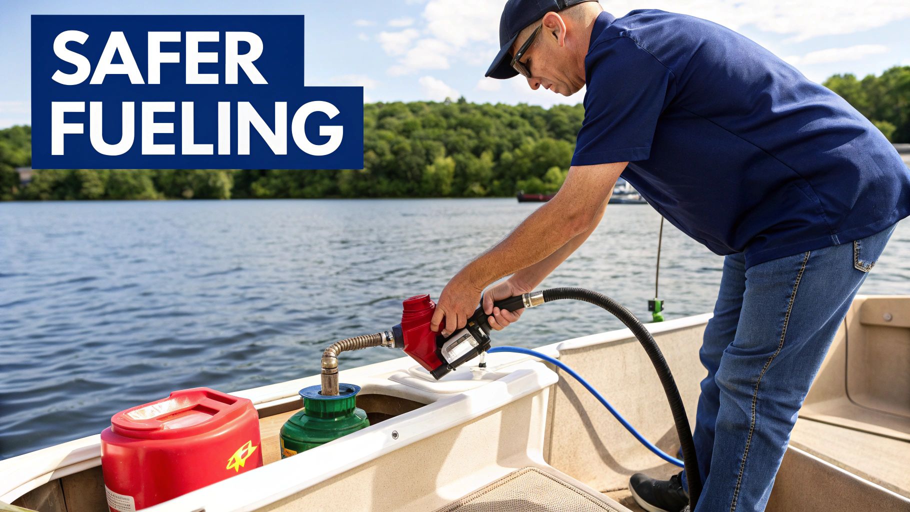 A man carefully fuels a boat on a calm lake with a portable gas pump, emphasizing safety.