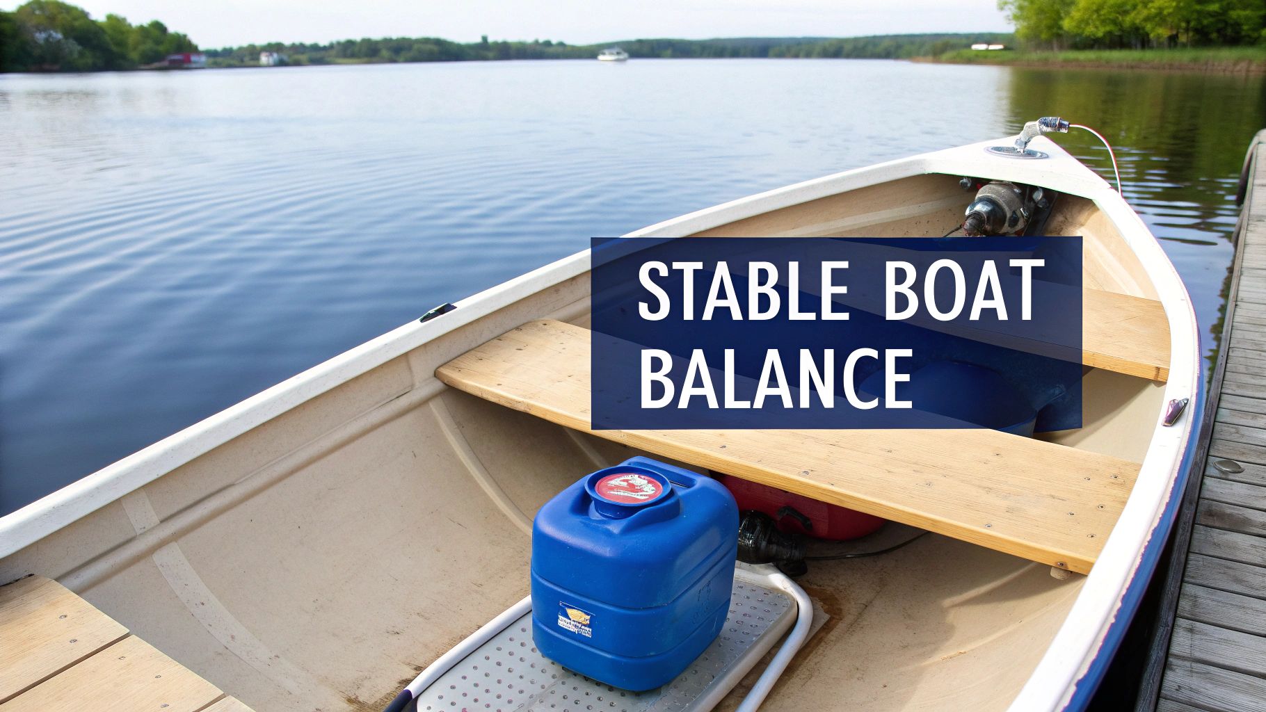 A small boat with a blue gas container inside is docked on a calm lake, with green trees in the background.