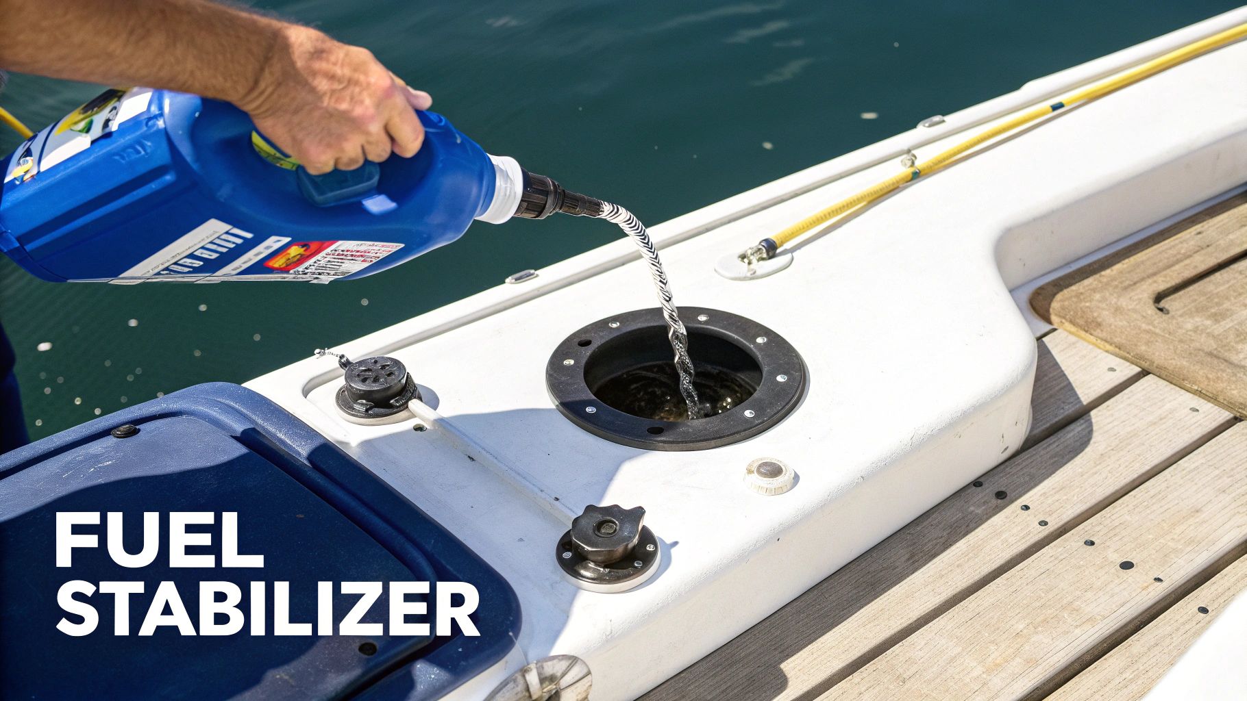 Boat fuel tank being filled with a stabilizer before winter storage.