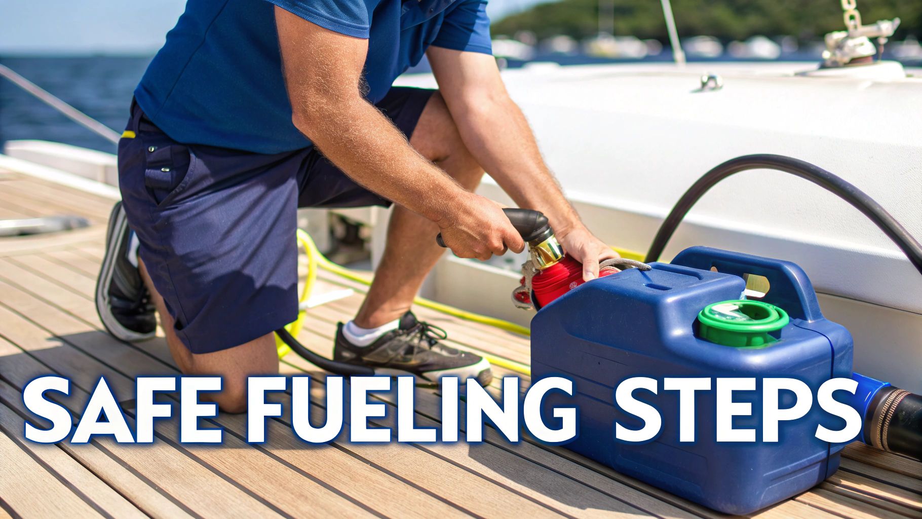 Person using red funnel to safely refuel boat with blue portable gas tank on wooden dock