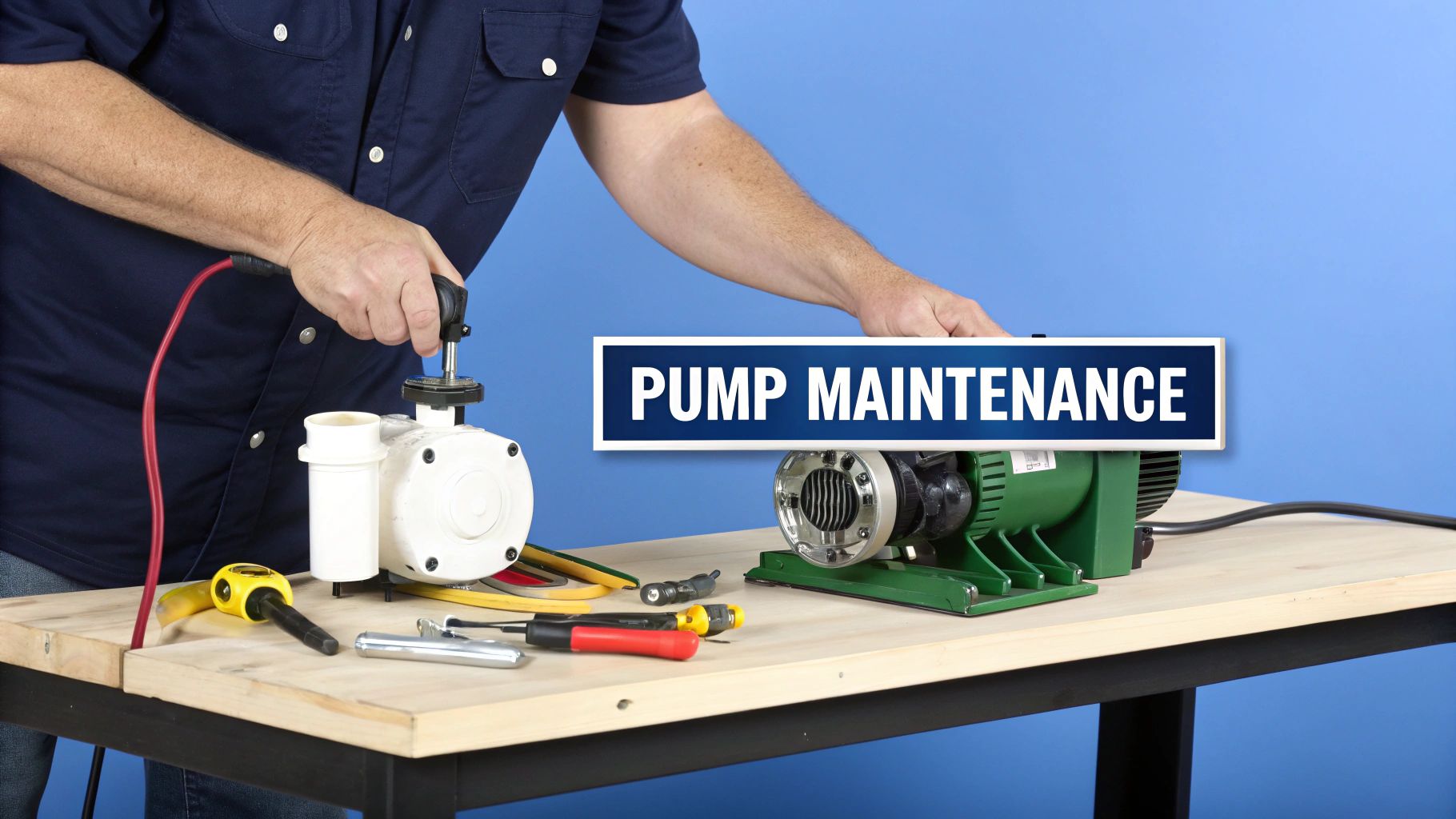 A person performs maintenance on two pumps on a workbench with various tools.