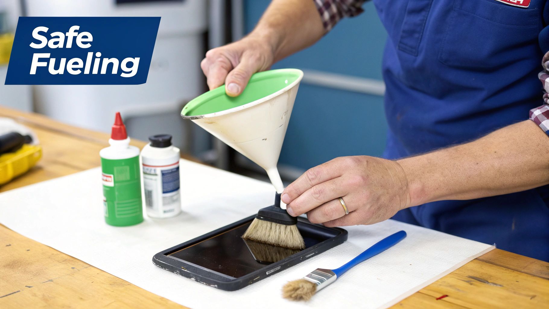 A person using a fuel funnel with a filter to refuel a boat engine.
