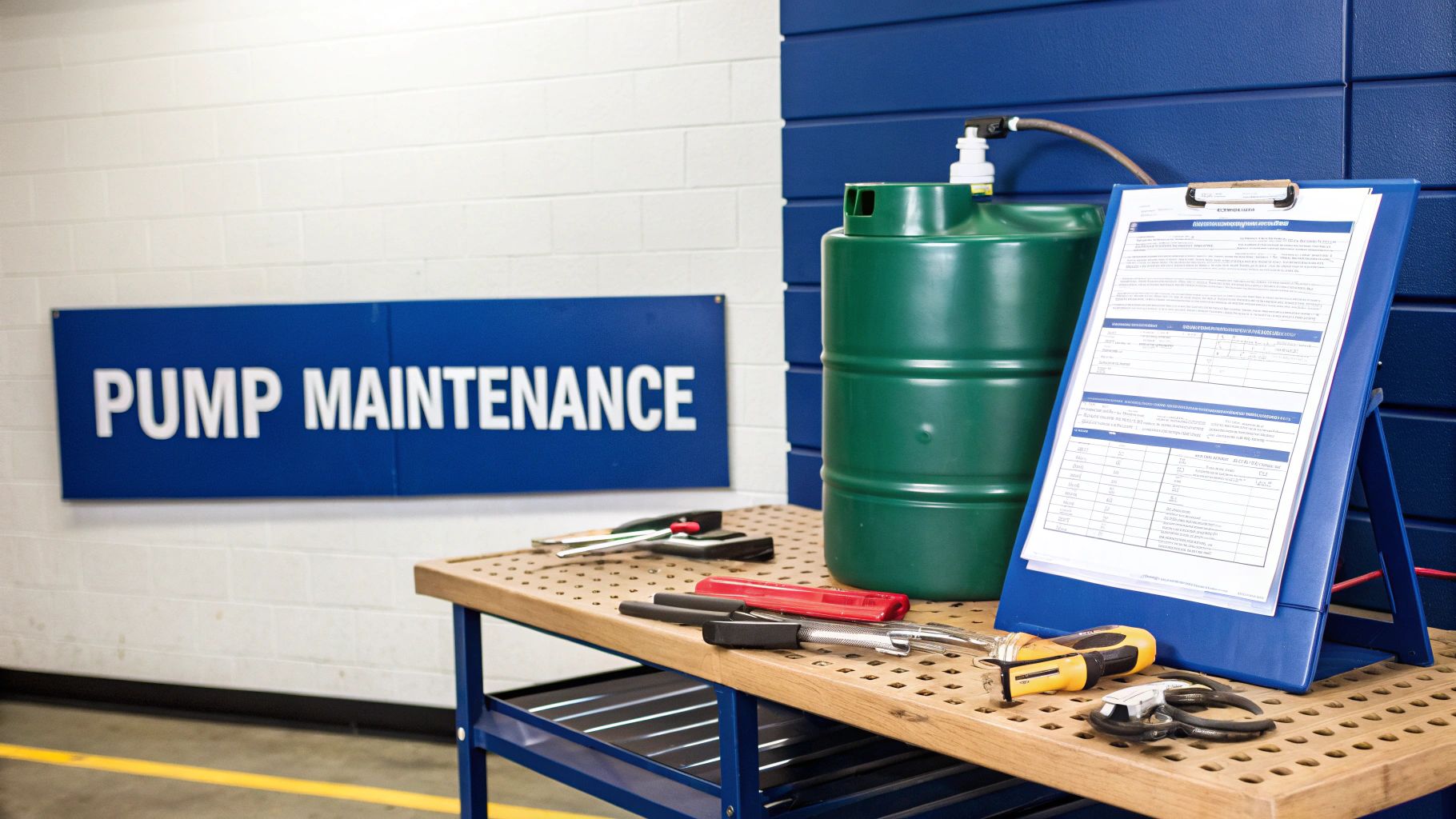 A pump maintenance workstation with various tools, a green barrel, and a clipboard with instructions.