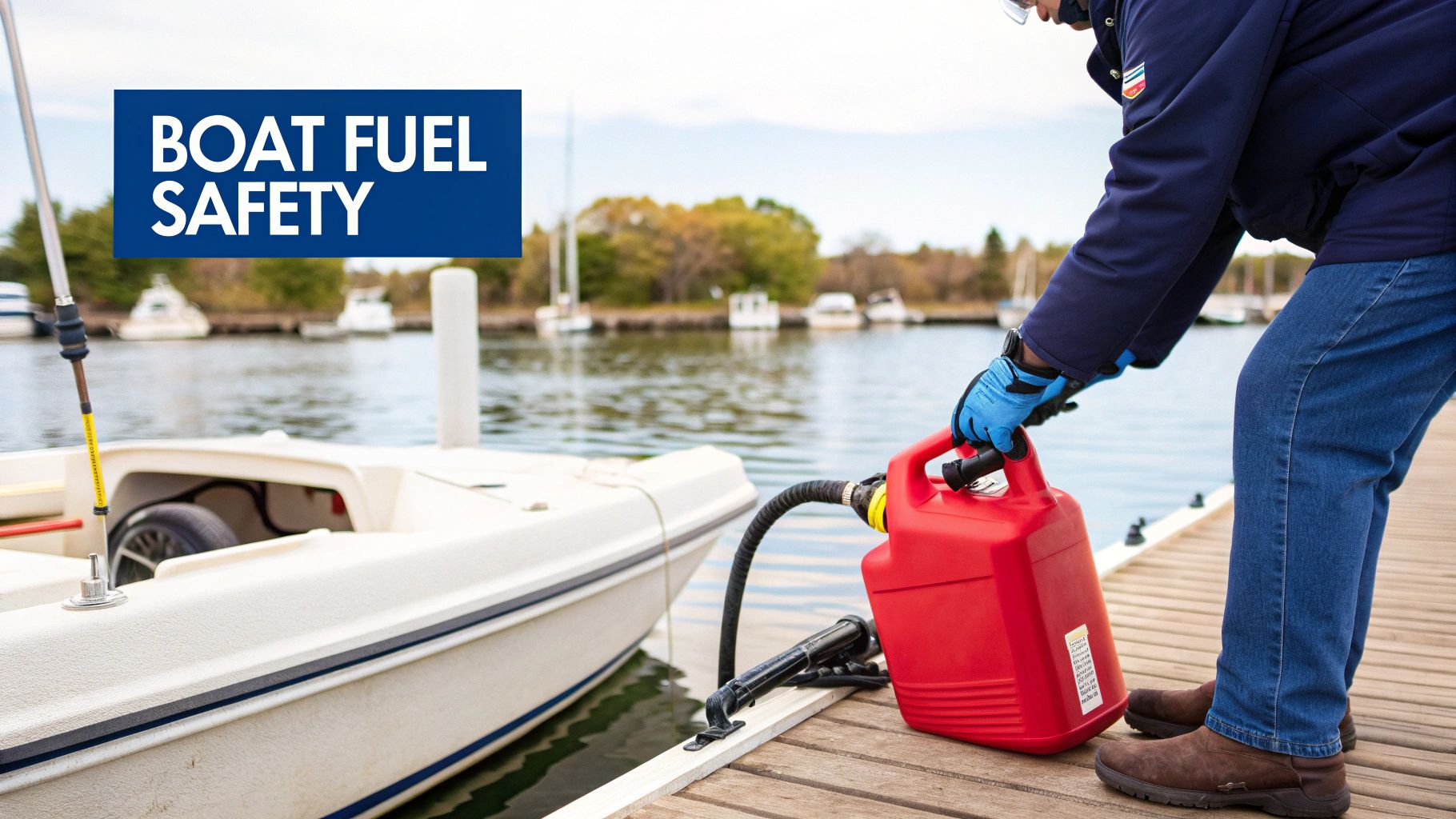 Person in blue jacket and gloves refuels a white boat with a red portable gas can on a wooden dock.