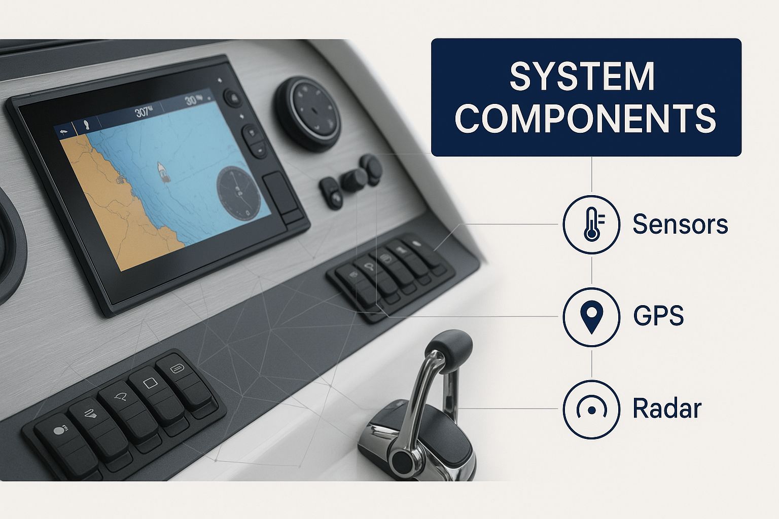 Infographic showing a boat's control panel with icons for sensors and network lines, visualizing the components of a boat fuel management system.