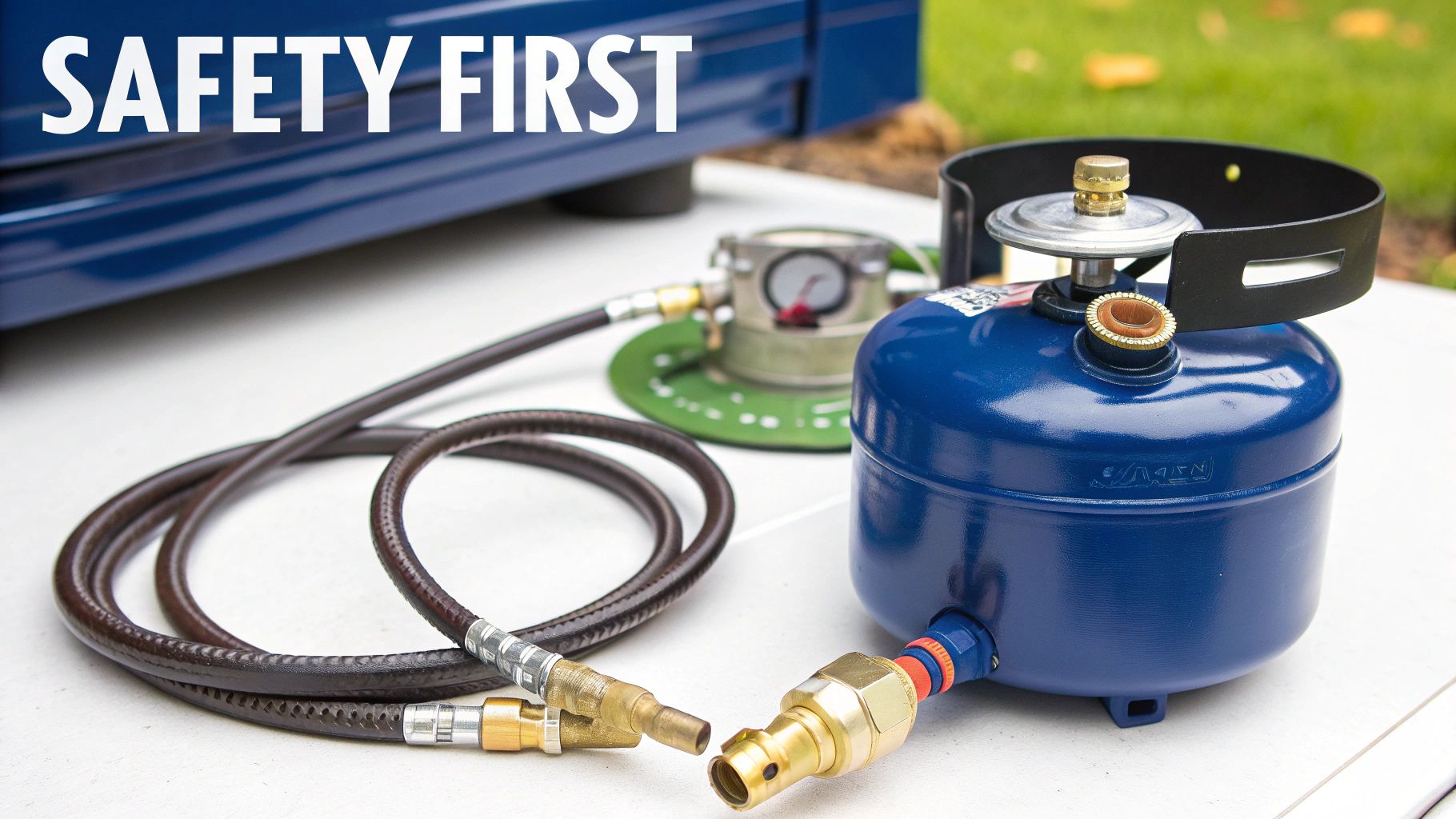 Portable blue gas tank connected to a hose and gauge, with a camping stove, highlighting safe usage.