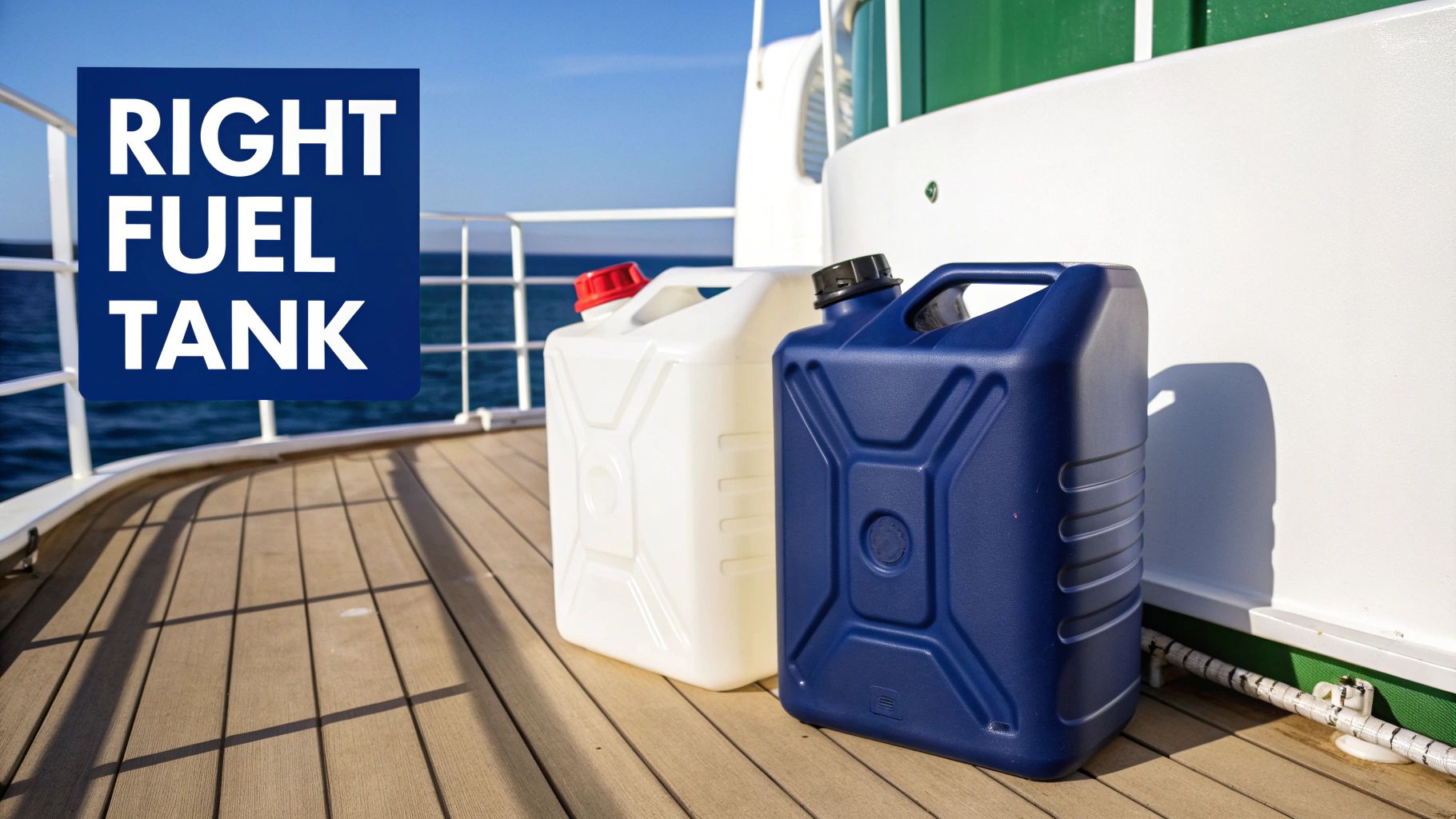 Two plastic fuel tanks, one white and one blue, on a boat deck with 'RIGHT FUEL TANK' text.