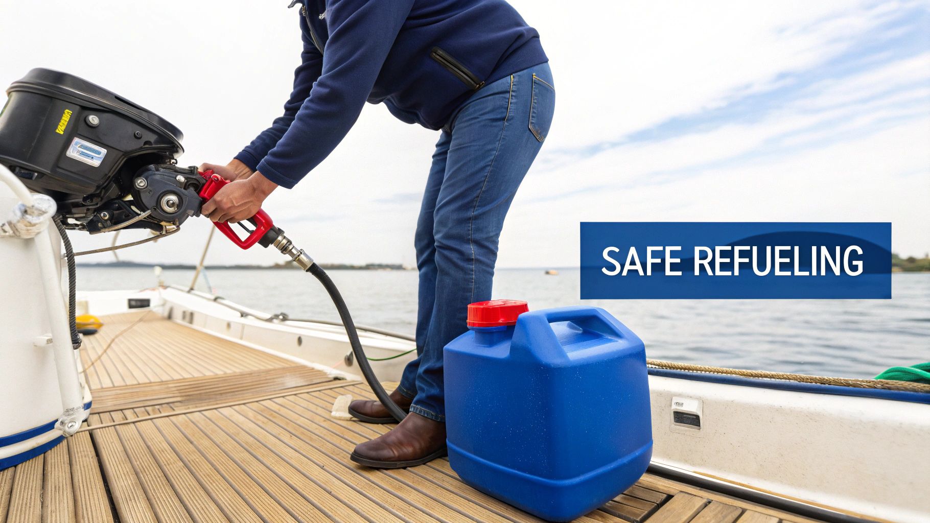 A person using a hand pump gas can to refuel a boat engine on the water.