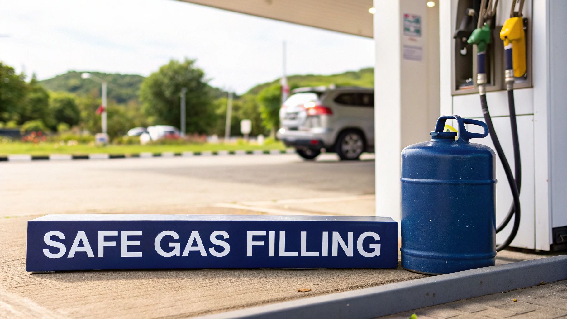 A person safely filling a red portable gas can at a gas station pump, with the can placed on the ground.